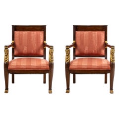 Vintage French Empire Style Mahogany and Pink Upholstered Armchairs