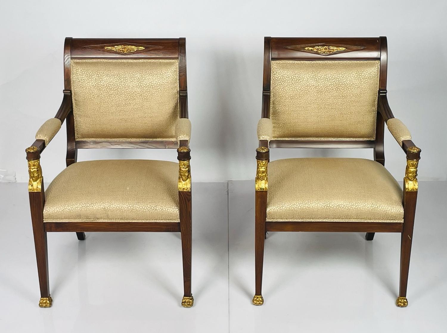 Introducing our exquisite French Empire style Mahogany Armchairs Giltwood, a timeless addition to any luxurious living space. These stunning armchairs embody the opulence and elegance of the French Empire era, beautifully crafted with the finest