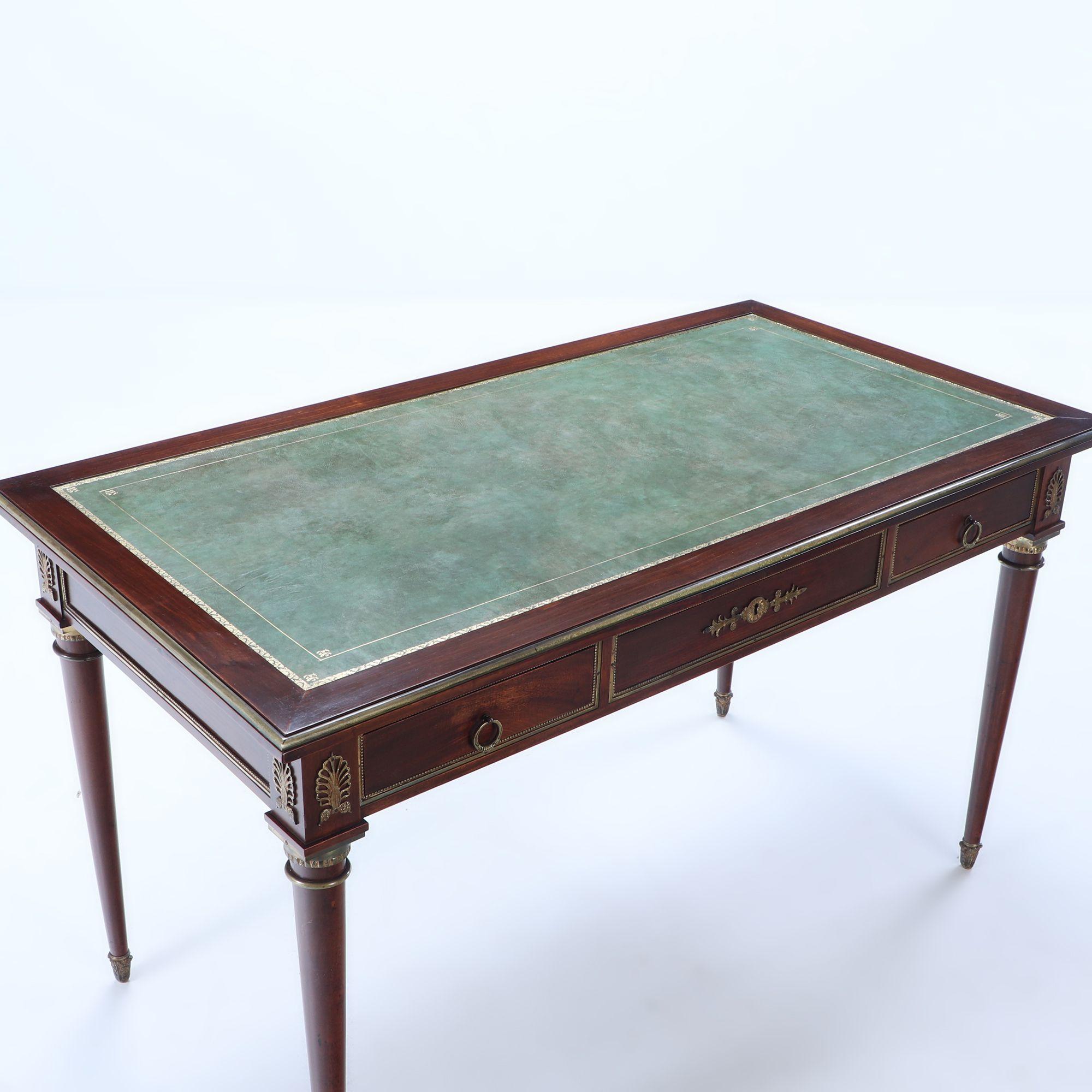Argentine French Empire style mahogany bronze mounted writing desk, leather top circa 1940 For Sale