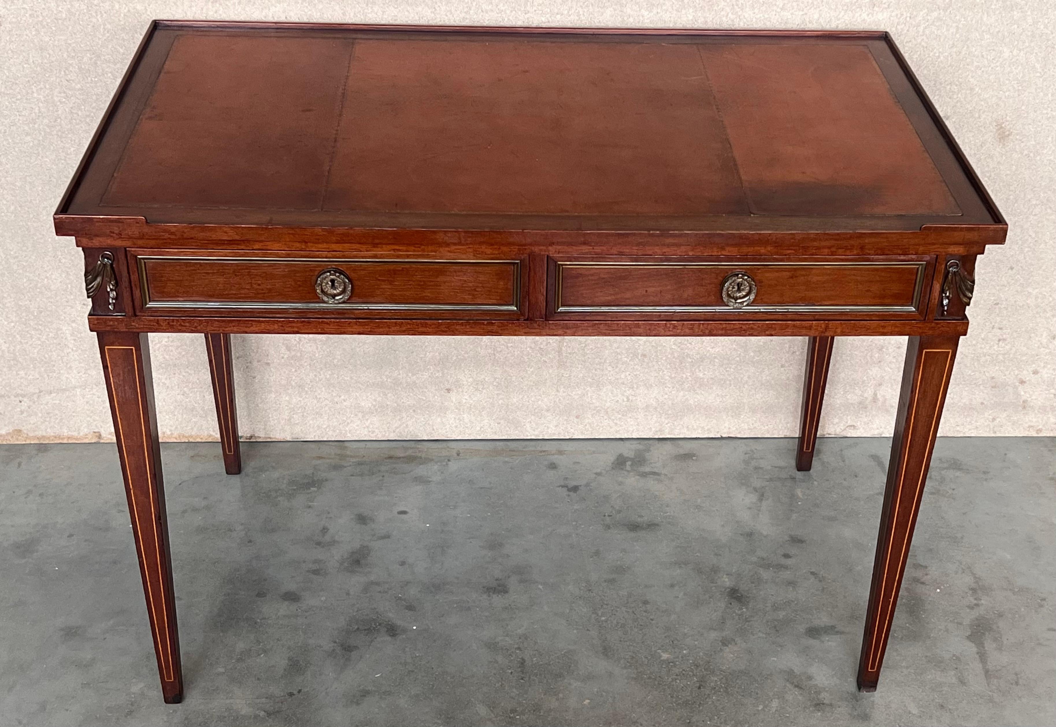 European French Empire style mahogany bronze mounted writing desk, leather top circa 1940 For Sale