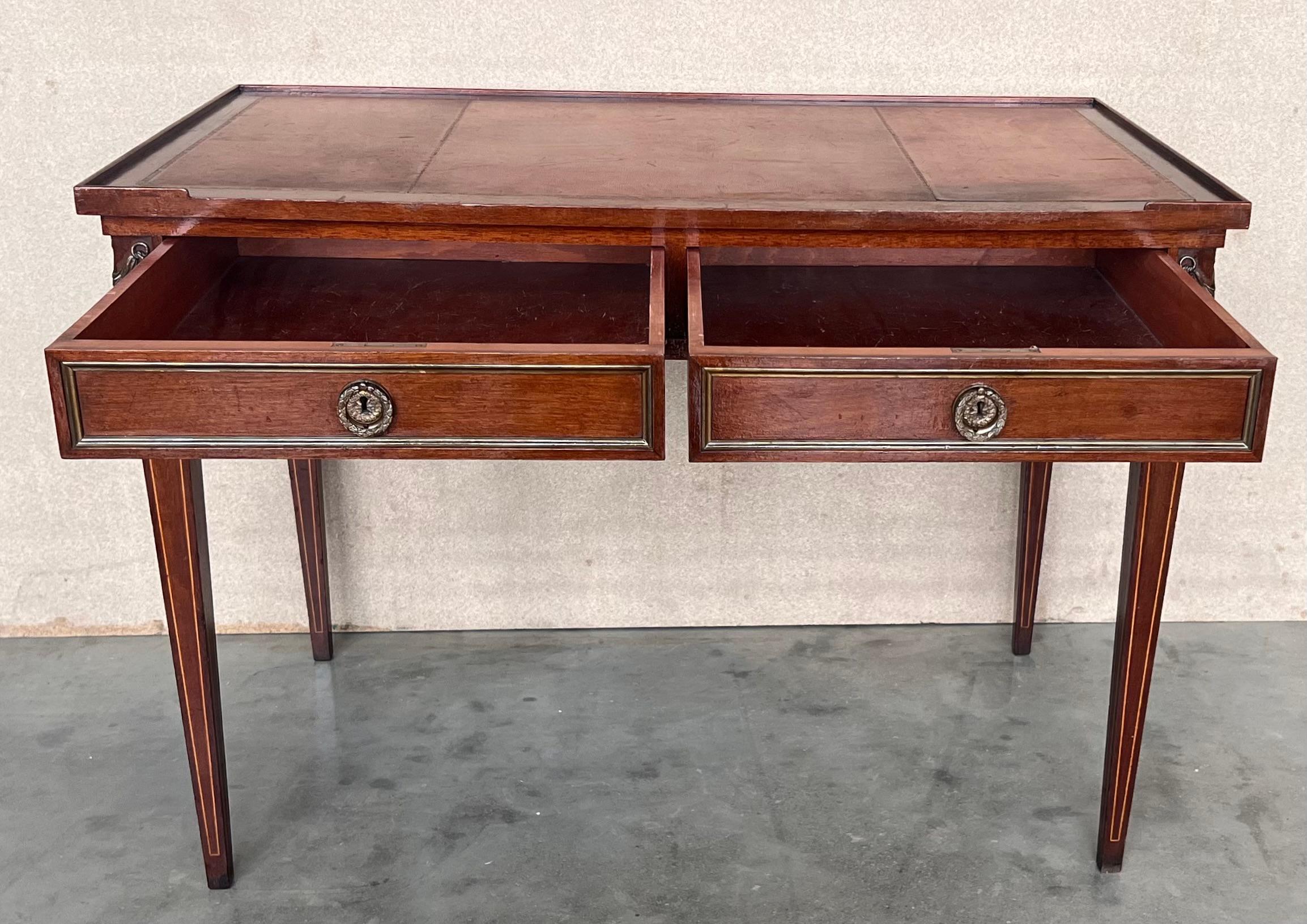French Empire style mahogany bronze mounted writing desk, leather top circa 1940 In Good Condition For Sale In Miami, FL