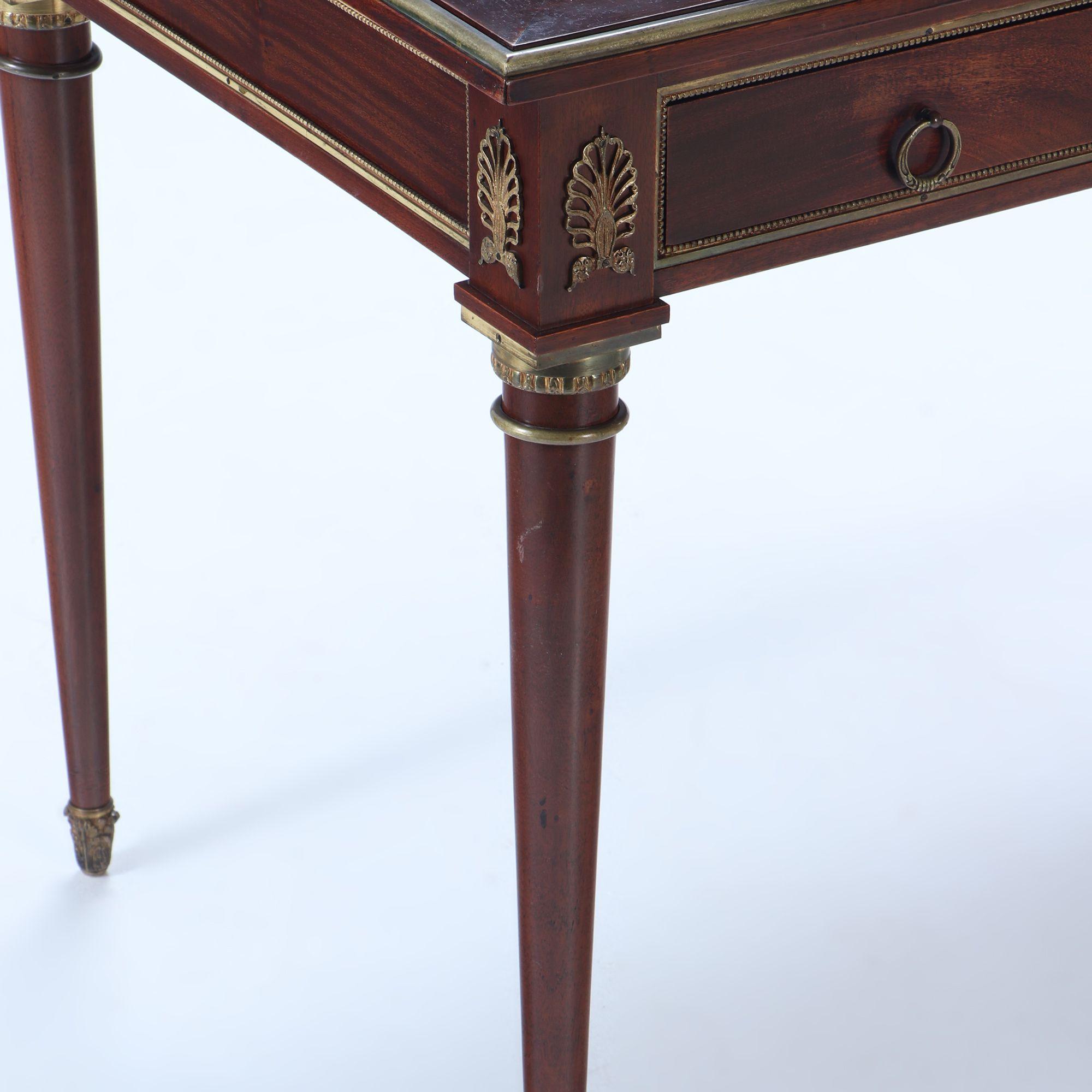 Bronze French Empire style mahogany bronze mounted writing desk, leather top circa 1940 For Sale