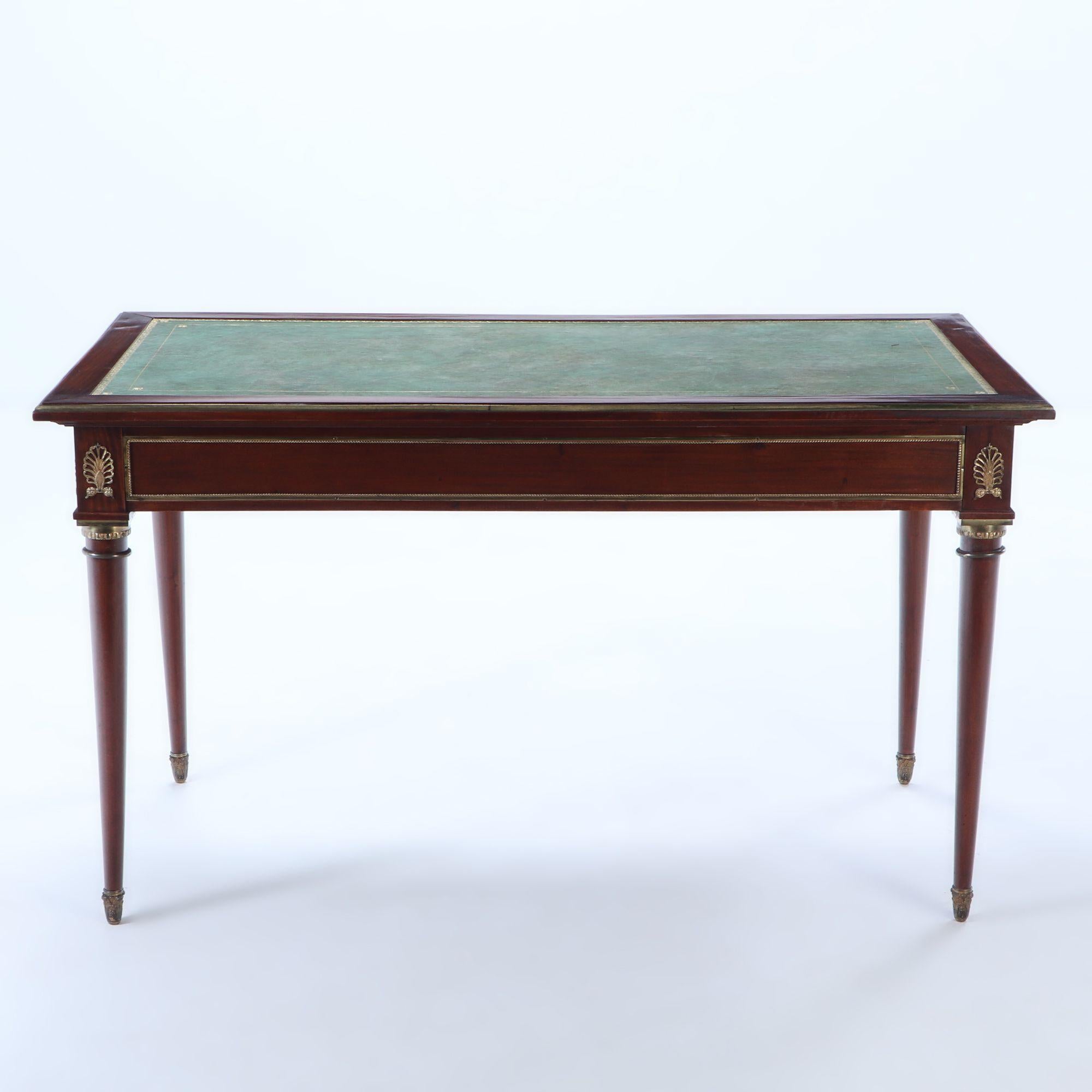 French Empire style mahogany bronze mounted writing desk, leather top circa 1940 For Sale 1