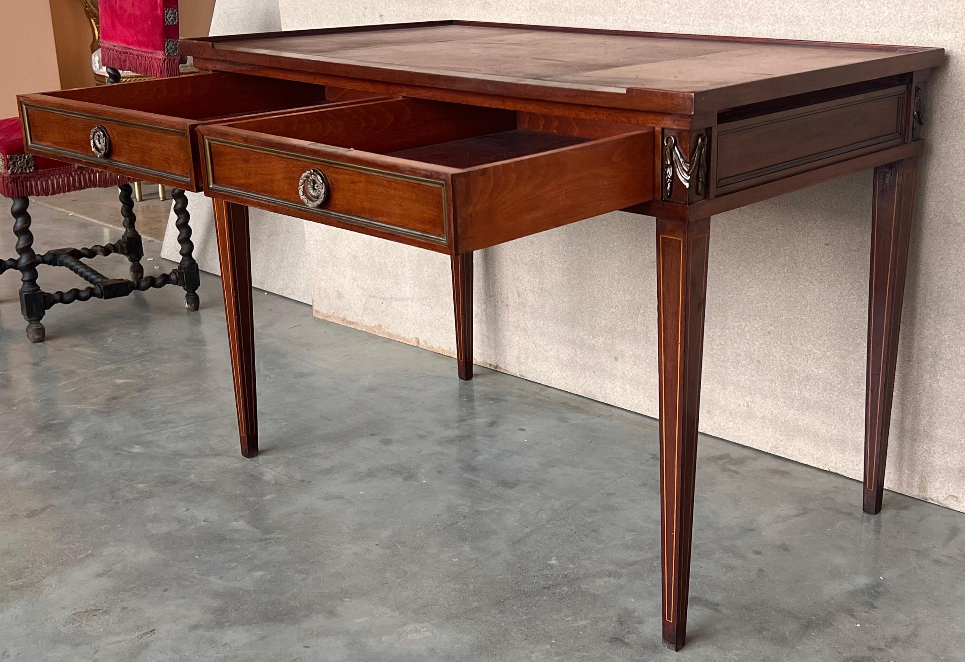 French Empire style mahogany bronze mounted writing desk, leather top circa 1940 For Sale 1