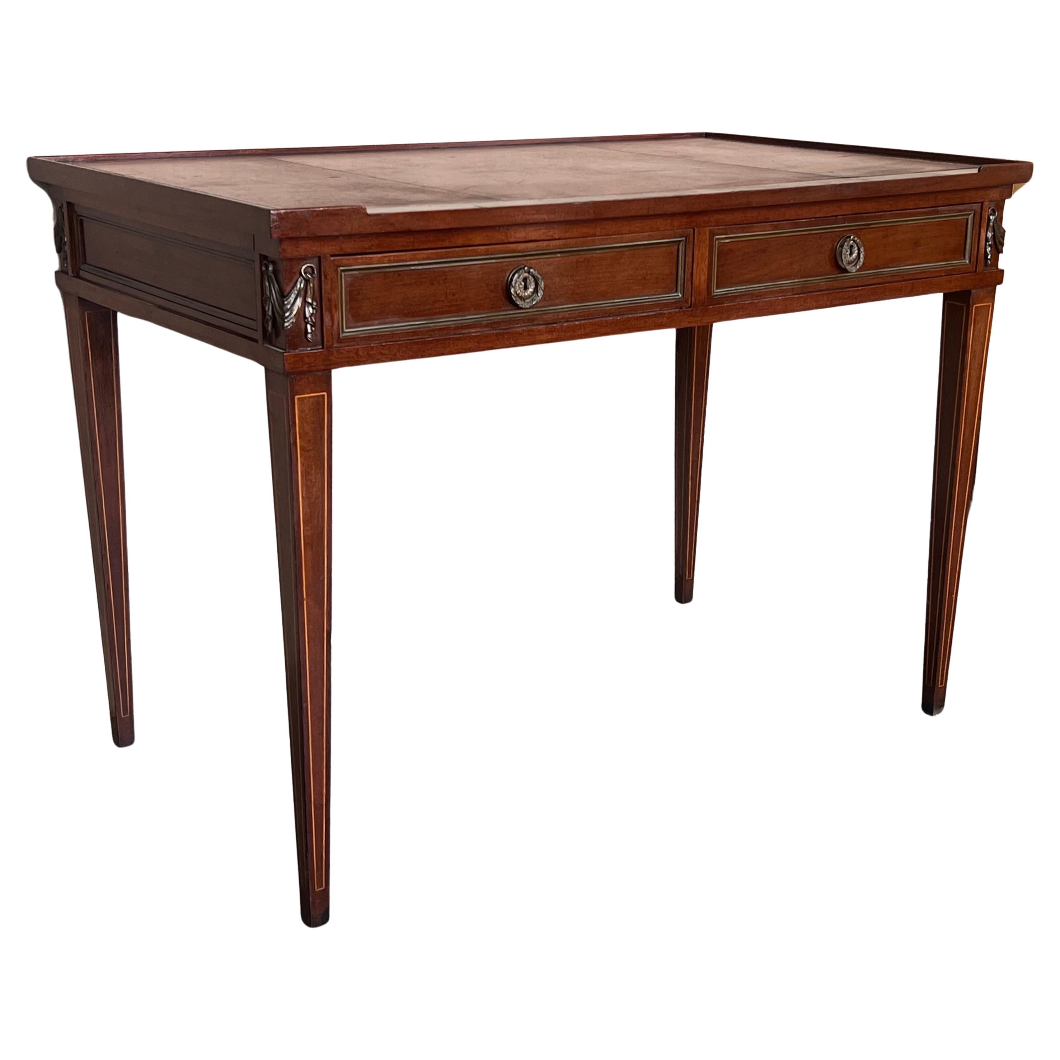 French Empire style mahogany bronze mounted writing desk, leather top circa 1940 For Sale