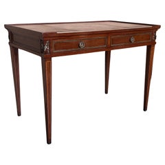 Antique French Empire style mahogany bronze mounted writing desk, leather top circa 1940