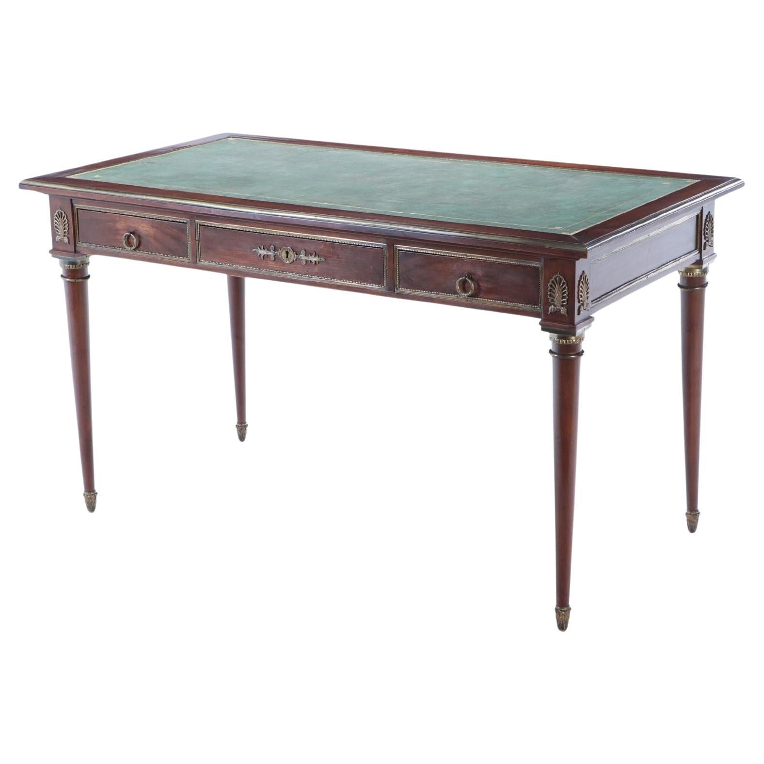 French Empire style mahogany bronze mounted writing desk, leather top circa 1940