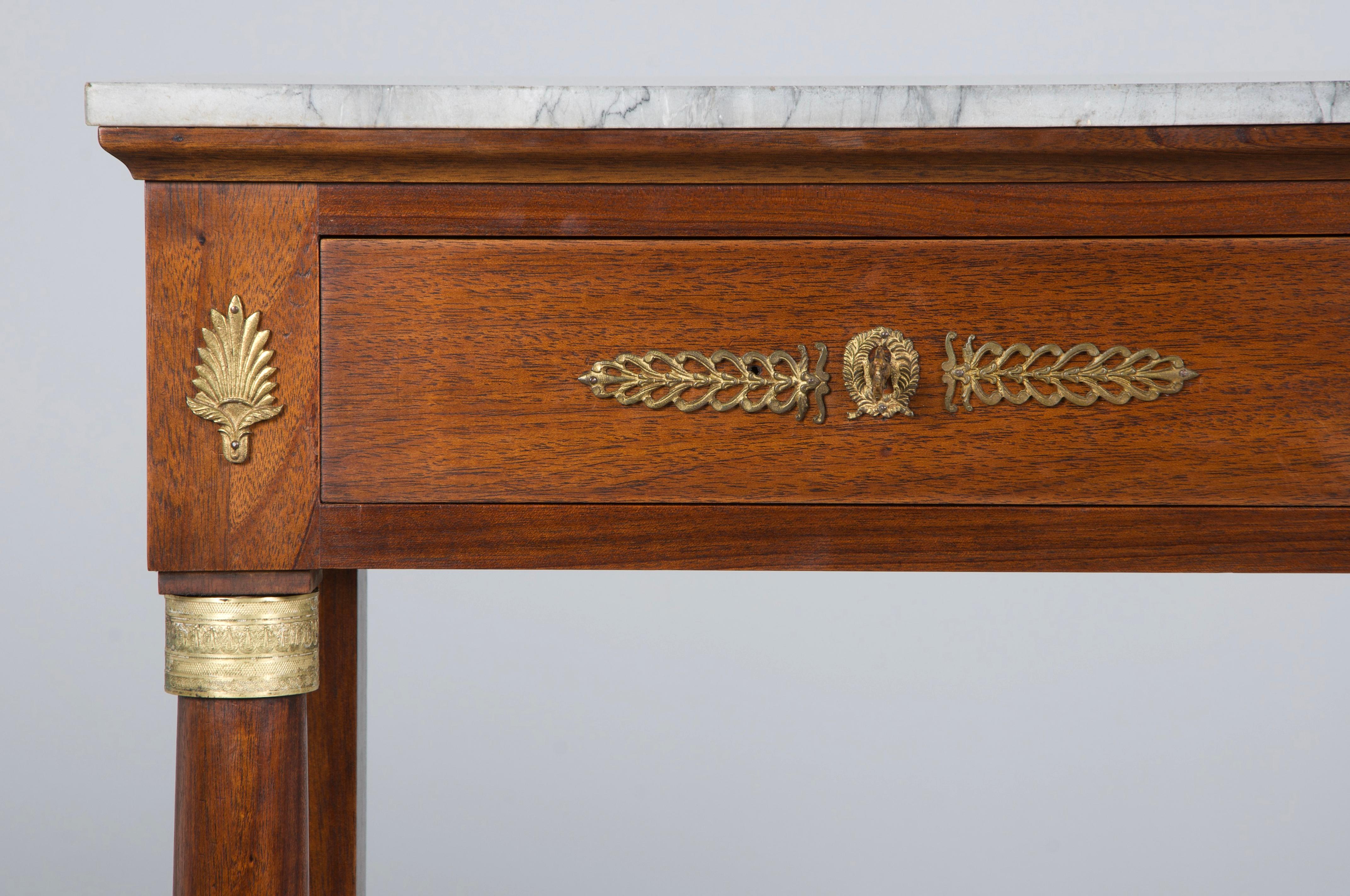 Hand-Carved French Empire Style Mahogany Console Table W/ Gray Marble
