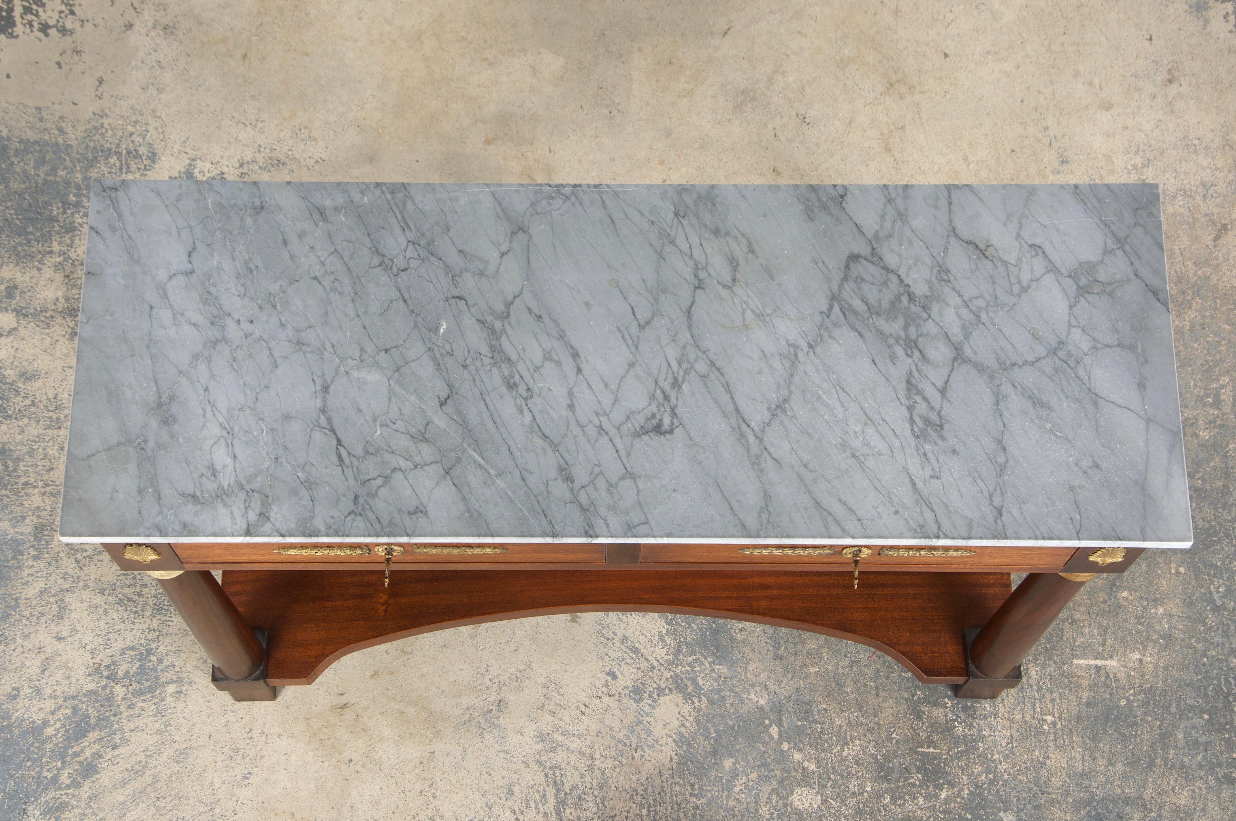 20th Century French Empire Style Mahogany Console Table W/ Gray Marble