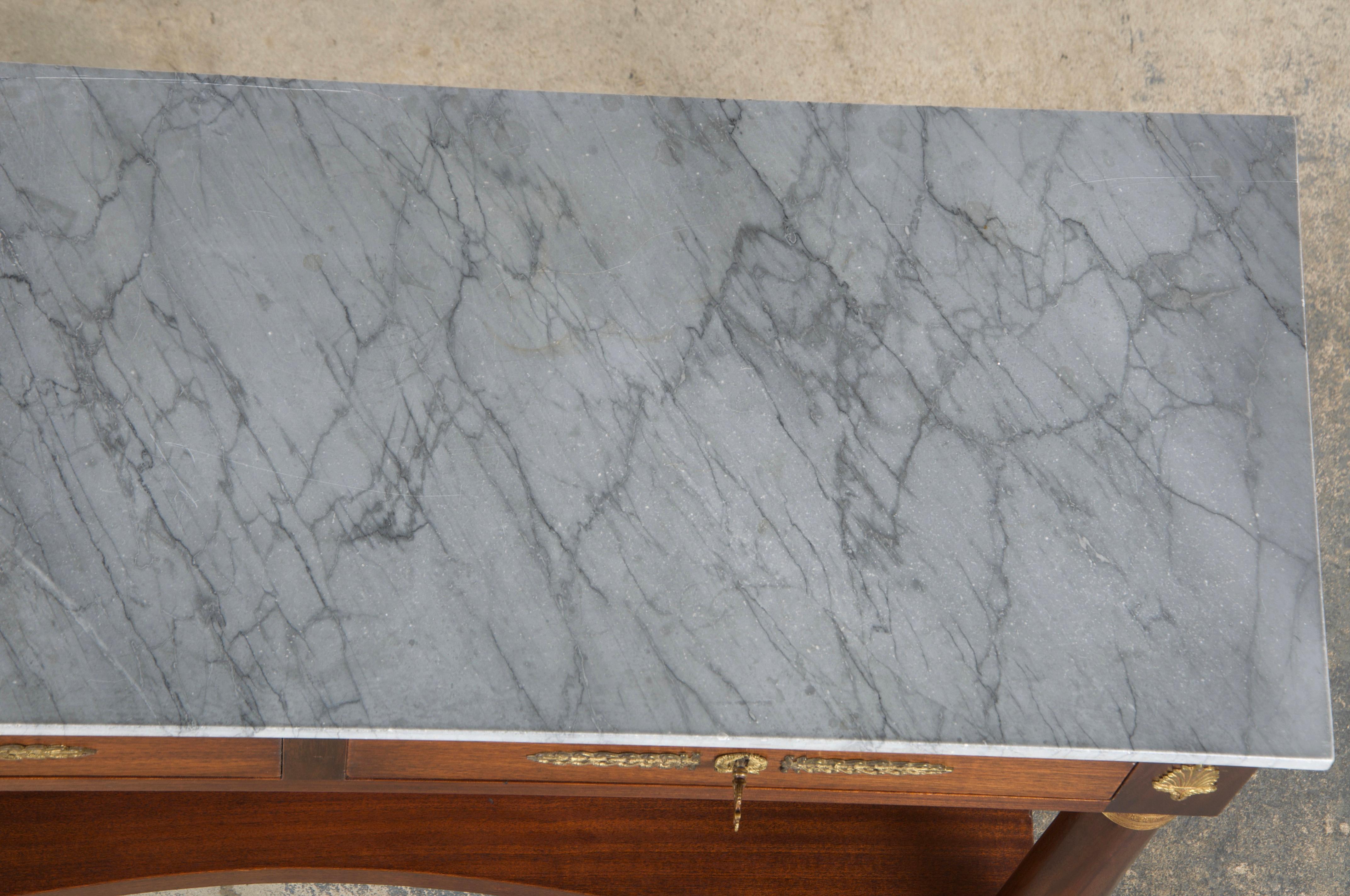 French Empire Style Mahogany Console Table W/ Gray Marble 1