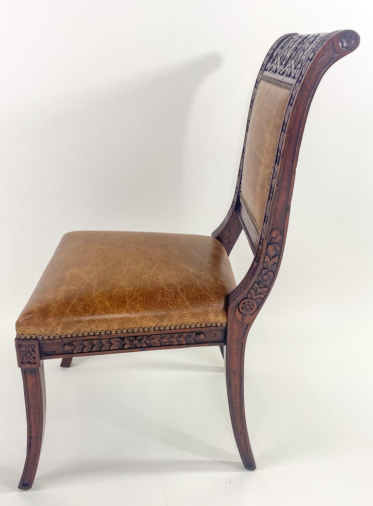 French Empire Style Mahogany and Leather Saber Legs Dining Chair, A Set