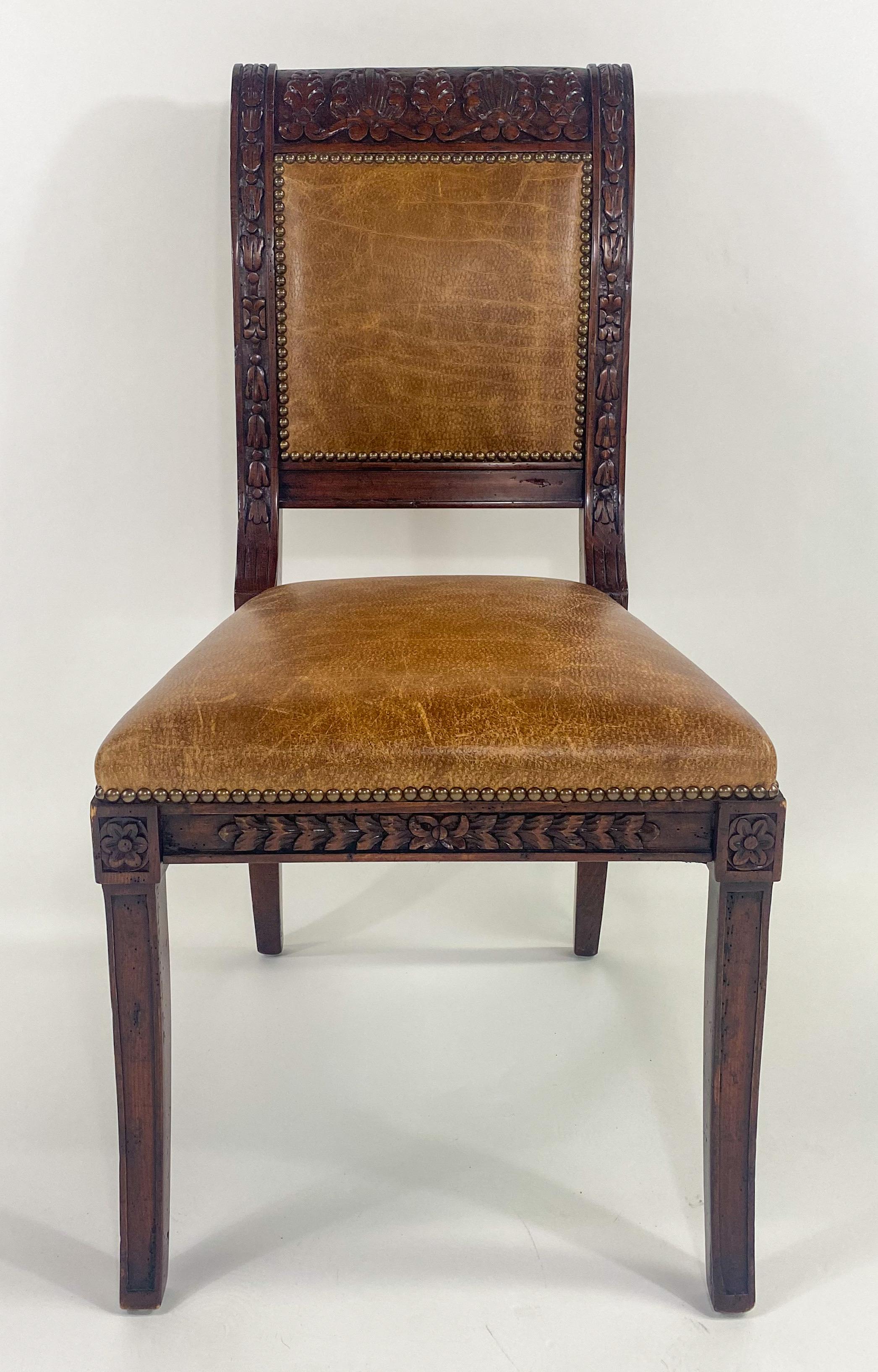 French Empire Style Mahogany & Leather Saber Legs Dining Chair, A Set of 8 In Good Condition For Sale In Plainview, NY