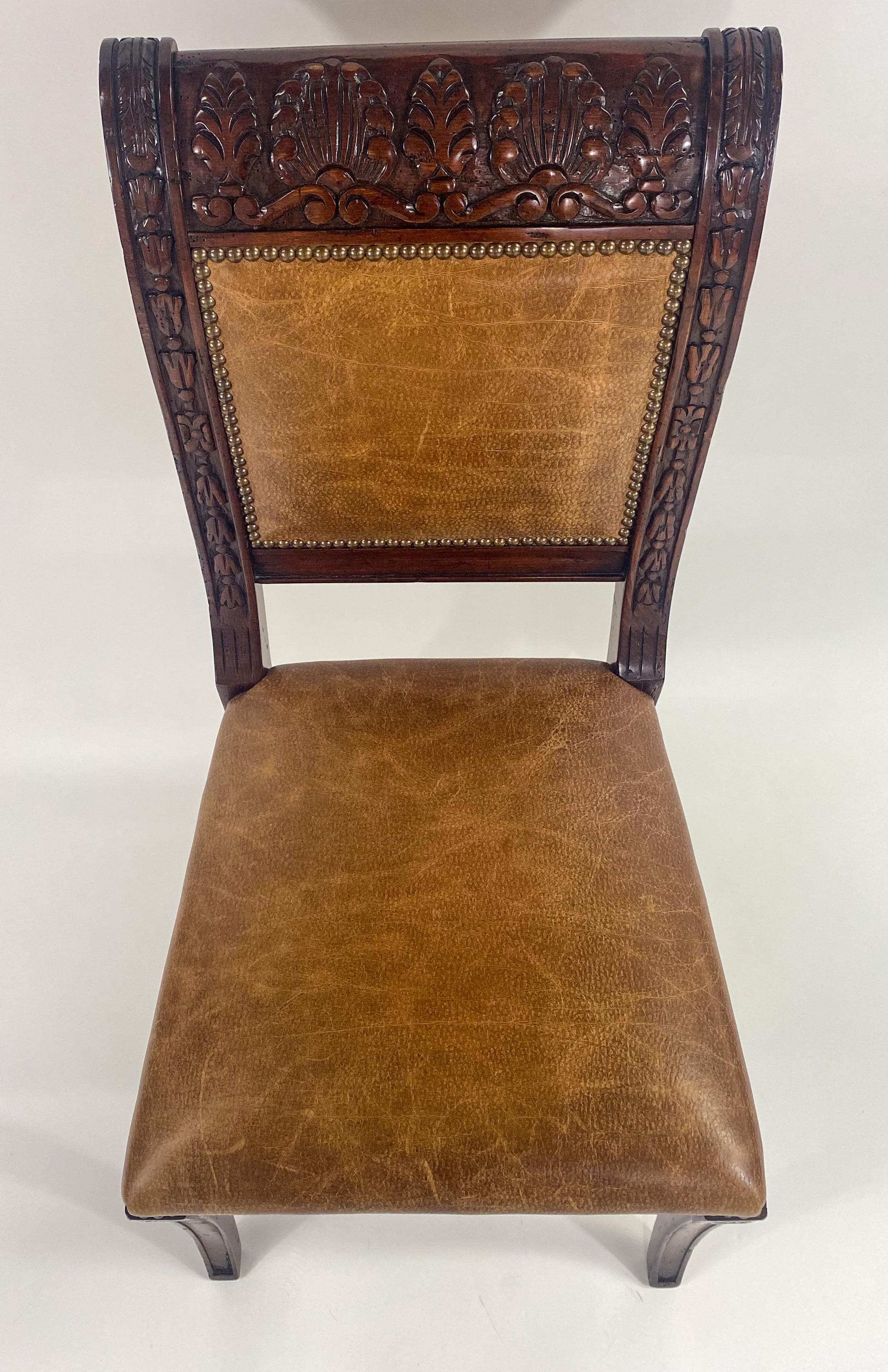 French Empire Style Mahogany & Leather Saber Legs Dining Chair, A Set of 8 For Sale 4