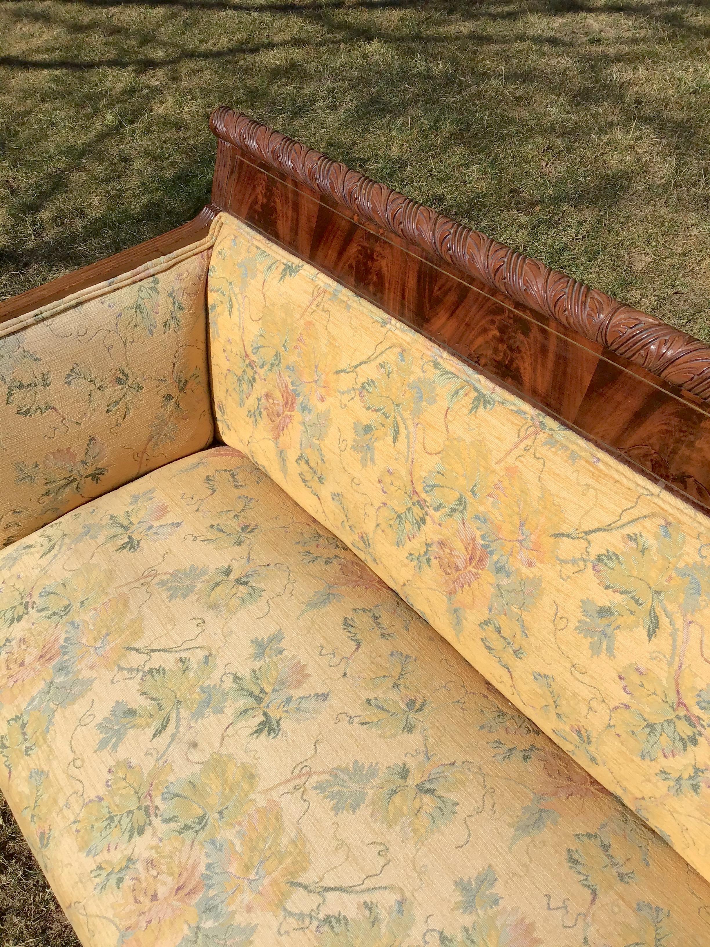 French Empire Style Mahogany Upholstered Settee Antique Sofa In Fair Condition In East Hampton, NY