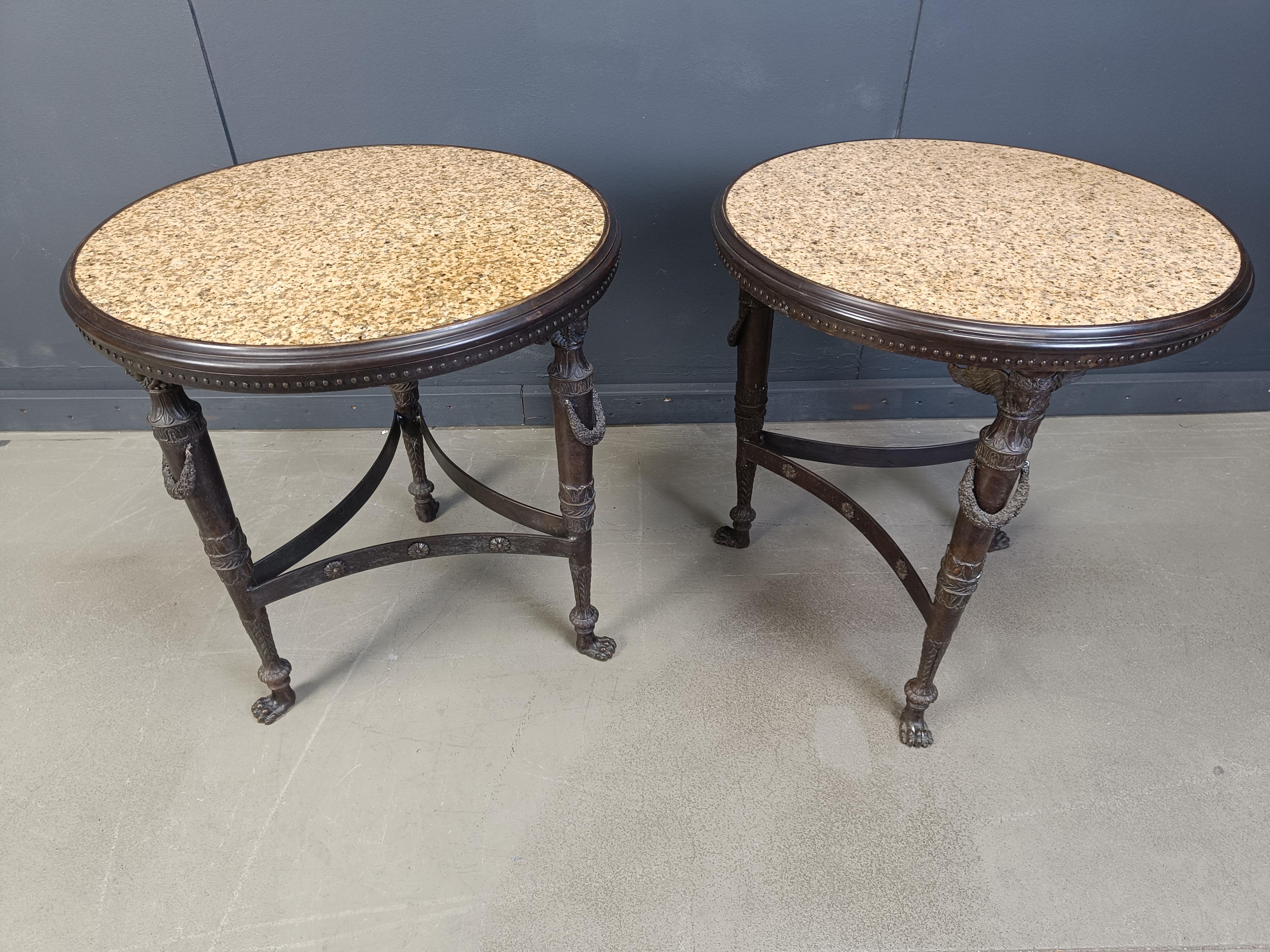 Bronze French Empire style marble and bronze side tables, 1950s For Sale