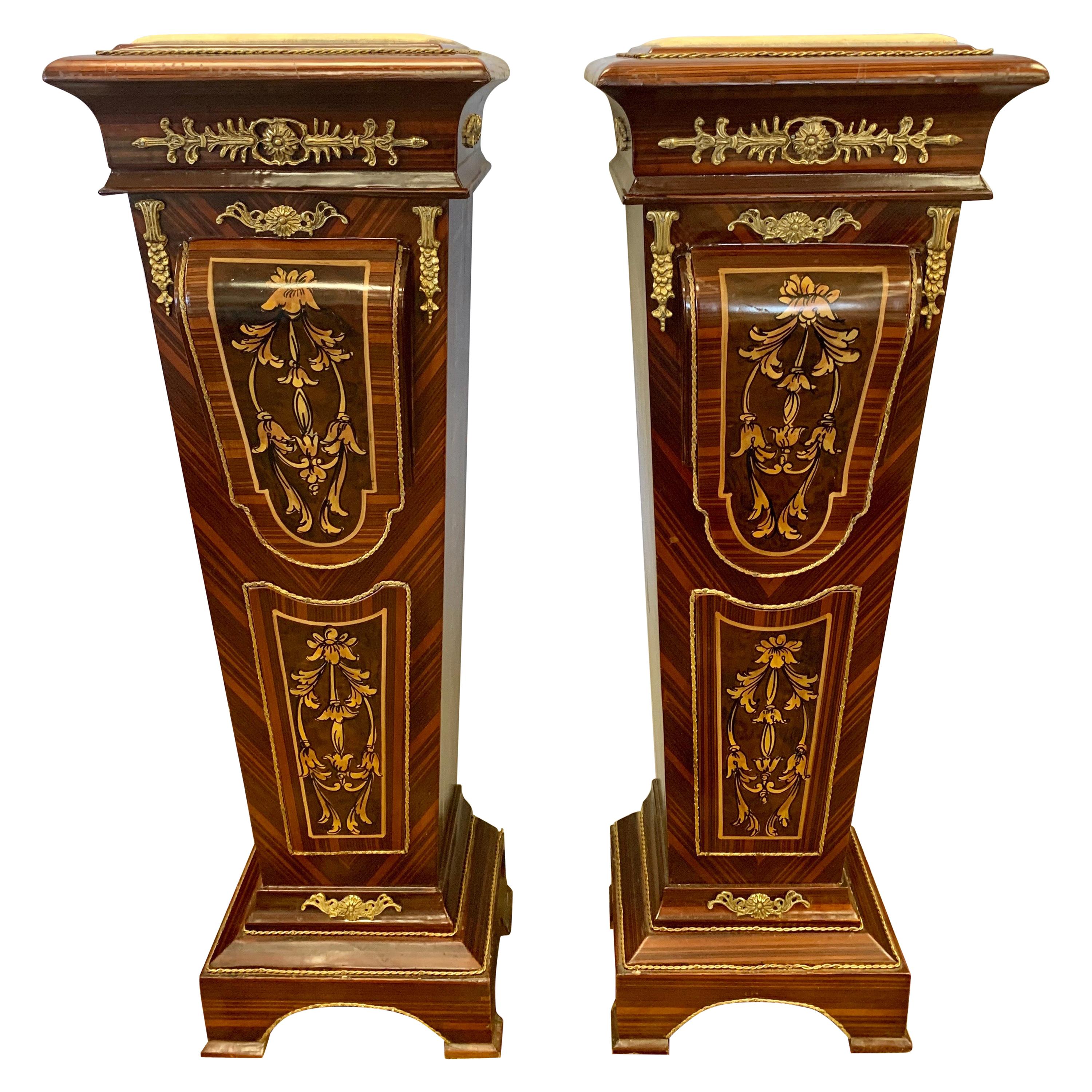 French Empire Style Marble-Top and Bronze Ormolu Pedestal Stands Columns