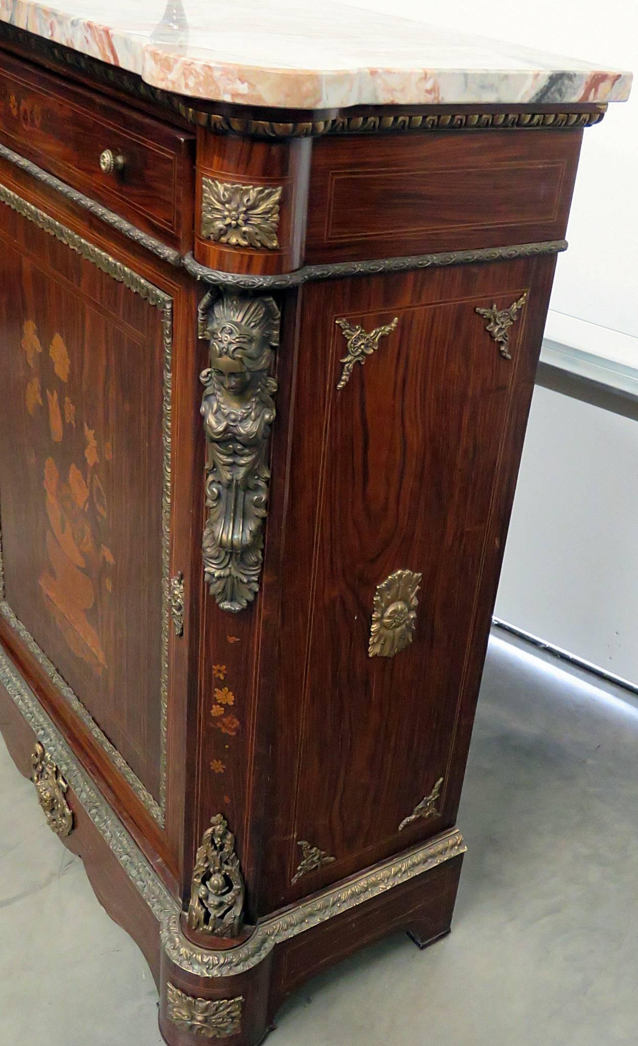 Figural Bronze Rosewood French Empire Style Marble Top Side Console Cabinet In Good Condition In Swedesboro, NJ