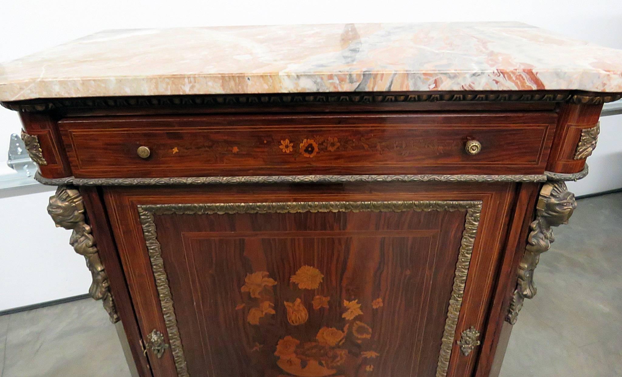 Mid-20th Century Figural Bronze Rosewood French Empire Style Marble Top Side Console Cabinet