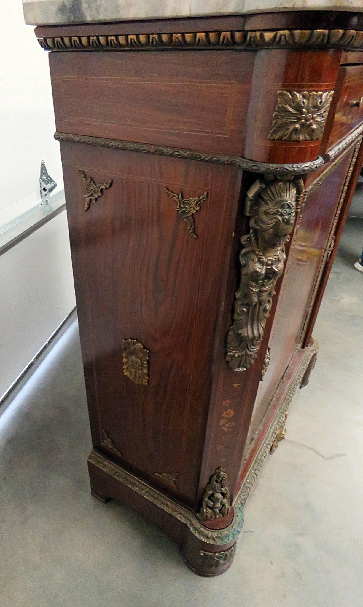 Figural Bronze Rosewood French Empire Style Marble Top Side Console Cabinet 2