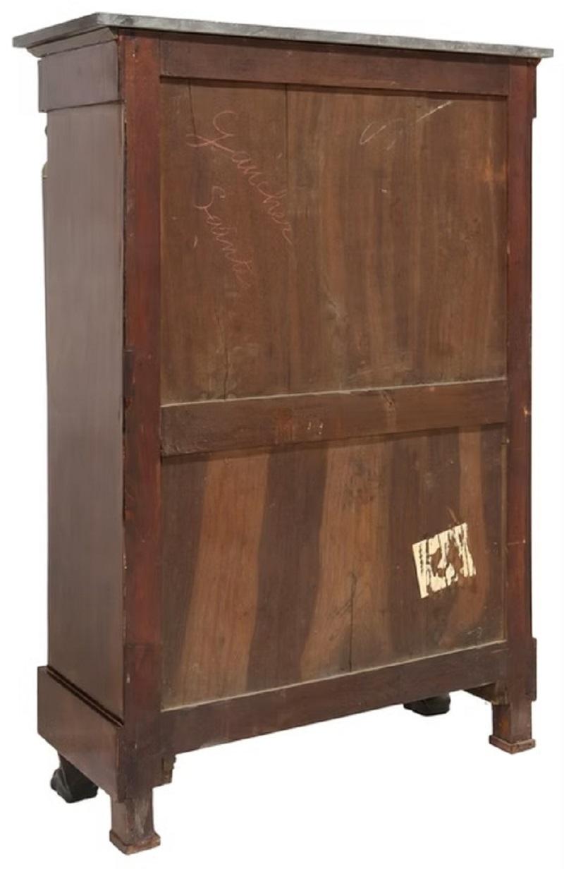 French Empire style marble-top mahogany fall front desk, late 19th c., projecting frieze drawer, fall front panel, interior gallery with small drawers, inset writing surface, over double-door cabinet, interior drawer, rising on paw feet