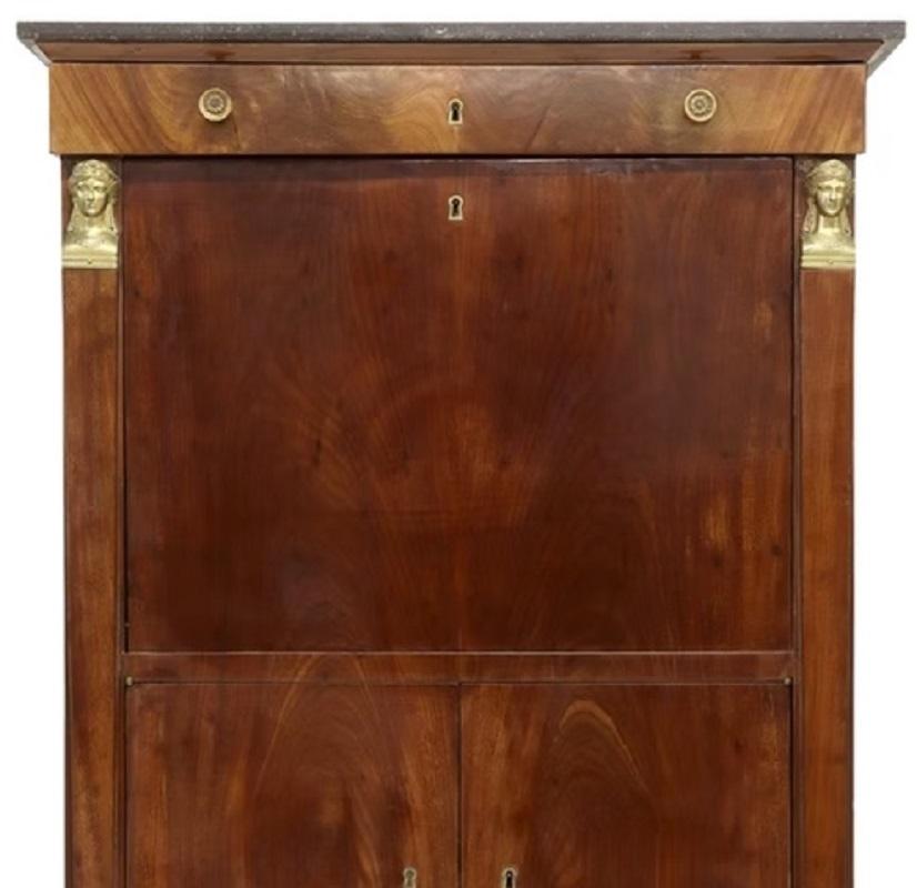 French Empire Style Marble-Top Mahogany Fall Front Desk Abbatant, 19th Century For Sale 2