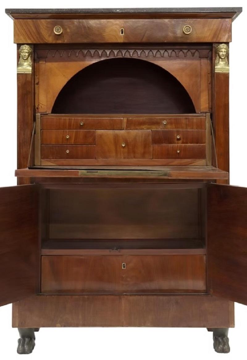 French Empire Style Marble-Top Mahogany Fall Front Desk Abbatant, 19th Century For Sale 3