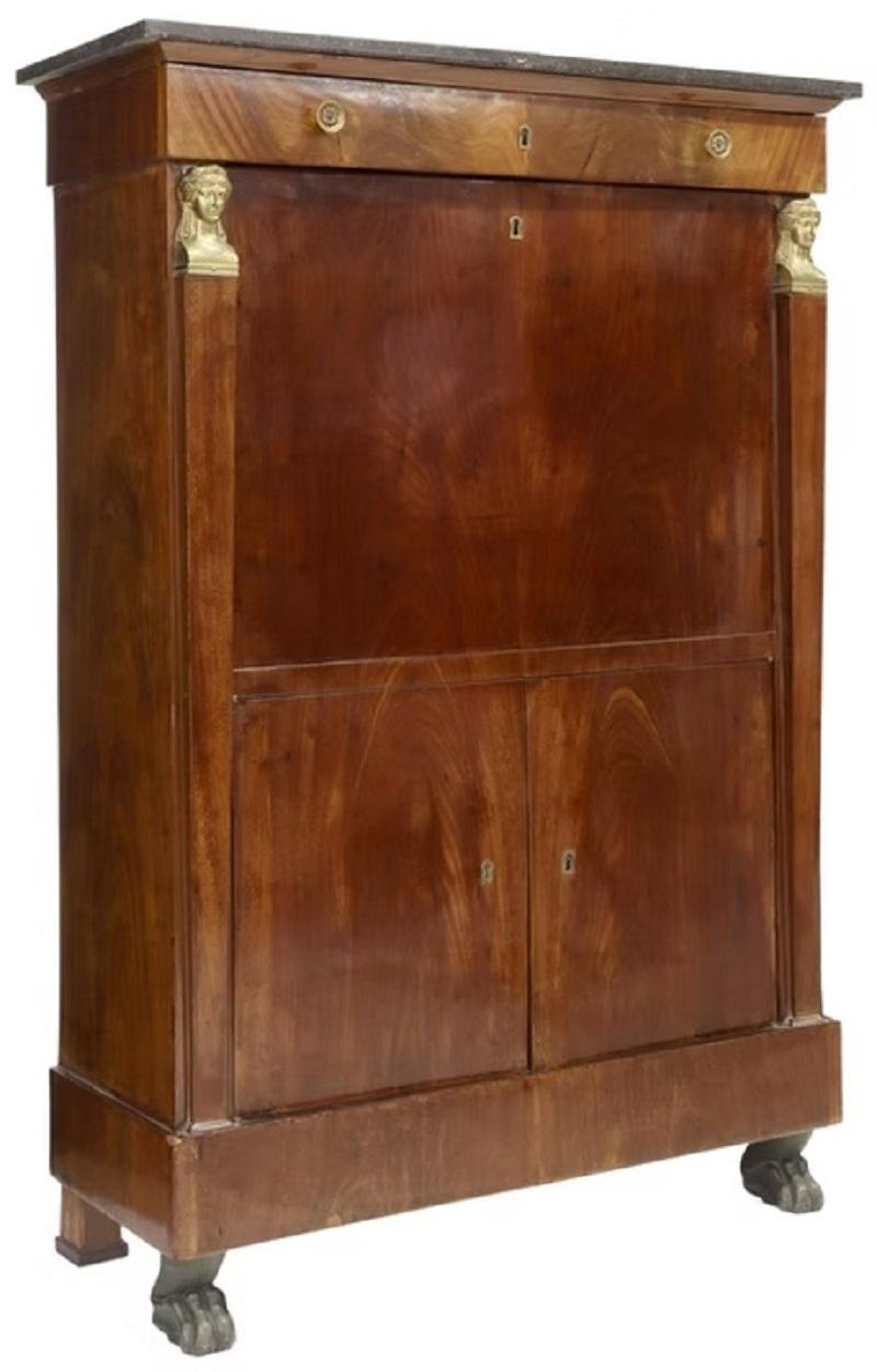 French Empire Style Marble-Top Mahogany Fall Front Desk Abbatant, 19th Century For Sale 4