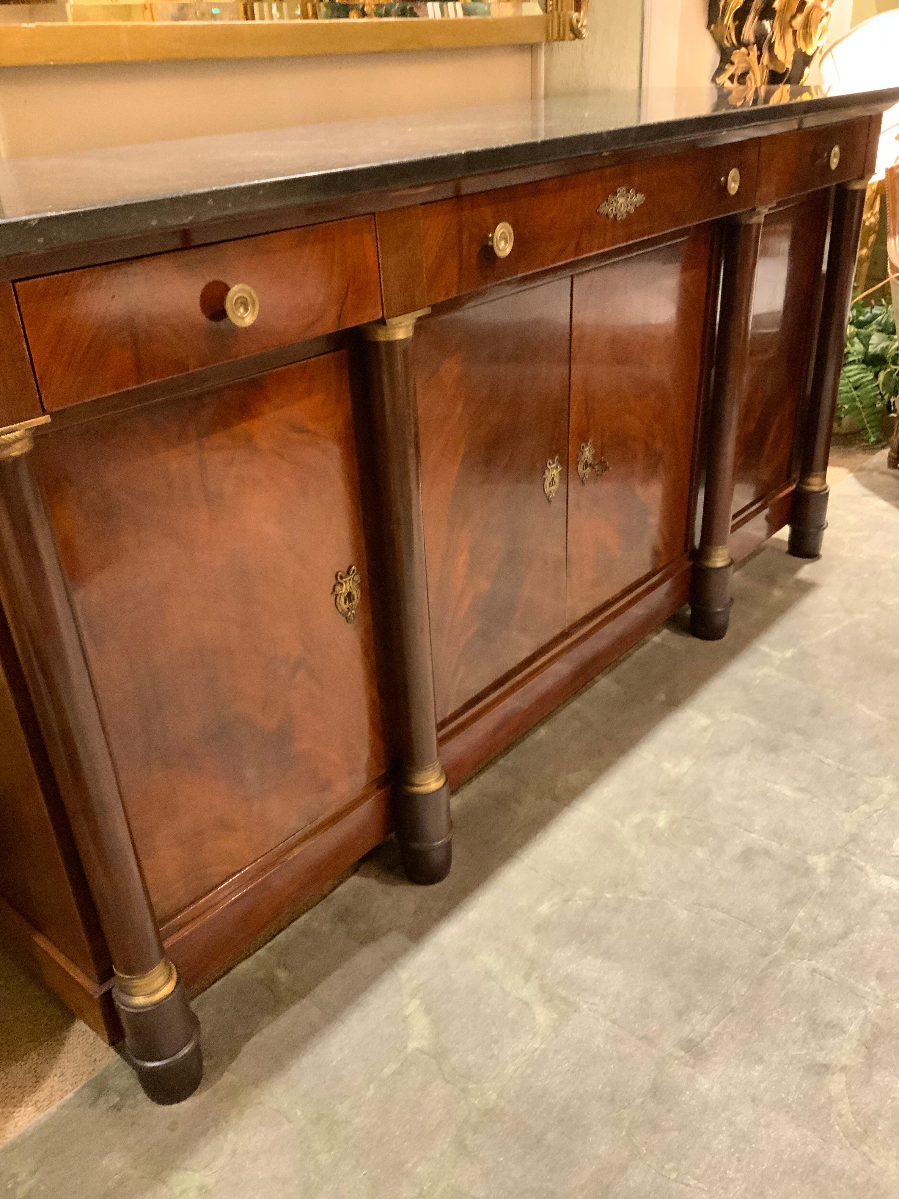 French Empire Style Marble-Top Mahogany Sideboard/Buffet In Good Condition In Houston, TX