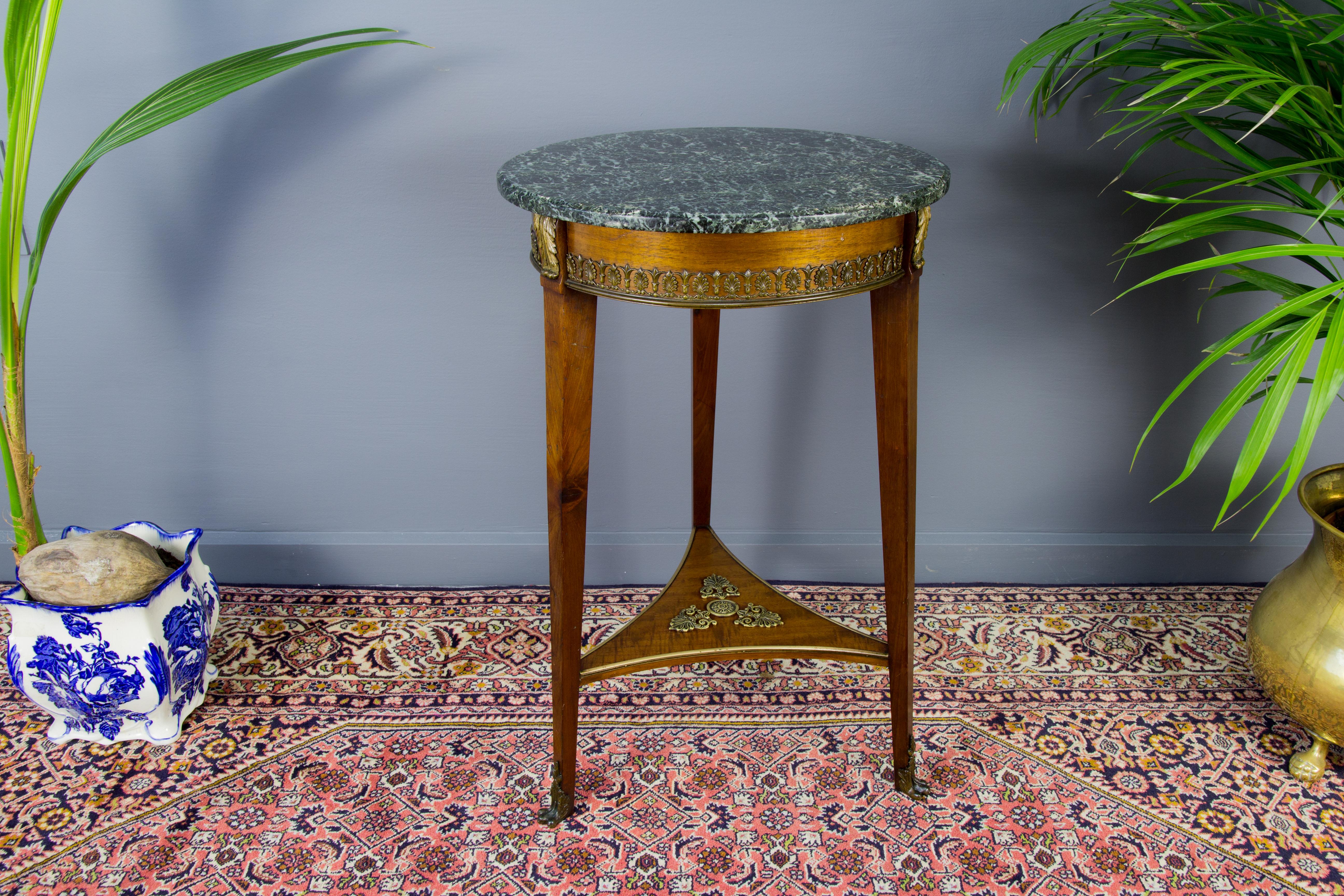 19th Century French Empire Style Dark Green Marble Top and Walnut and Bronze Side Table