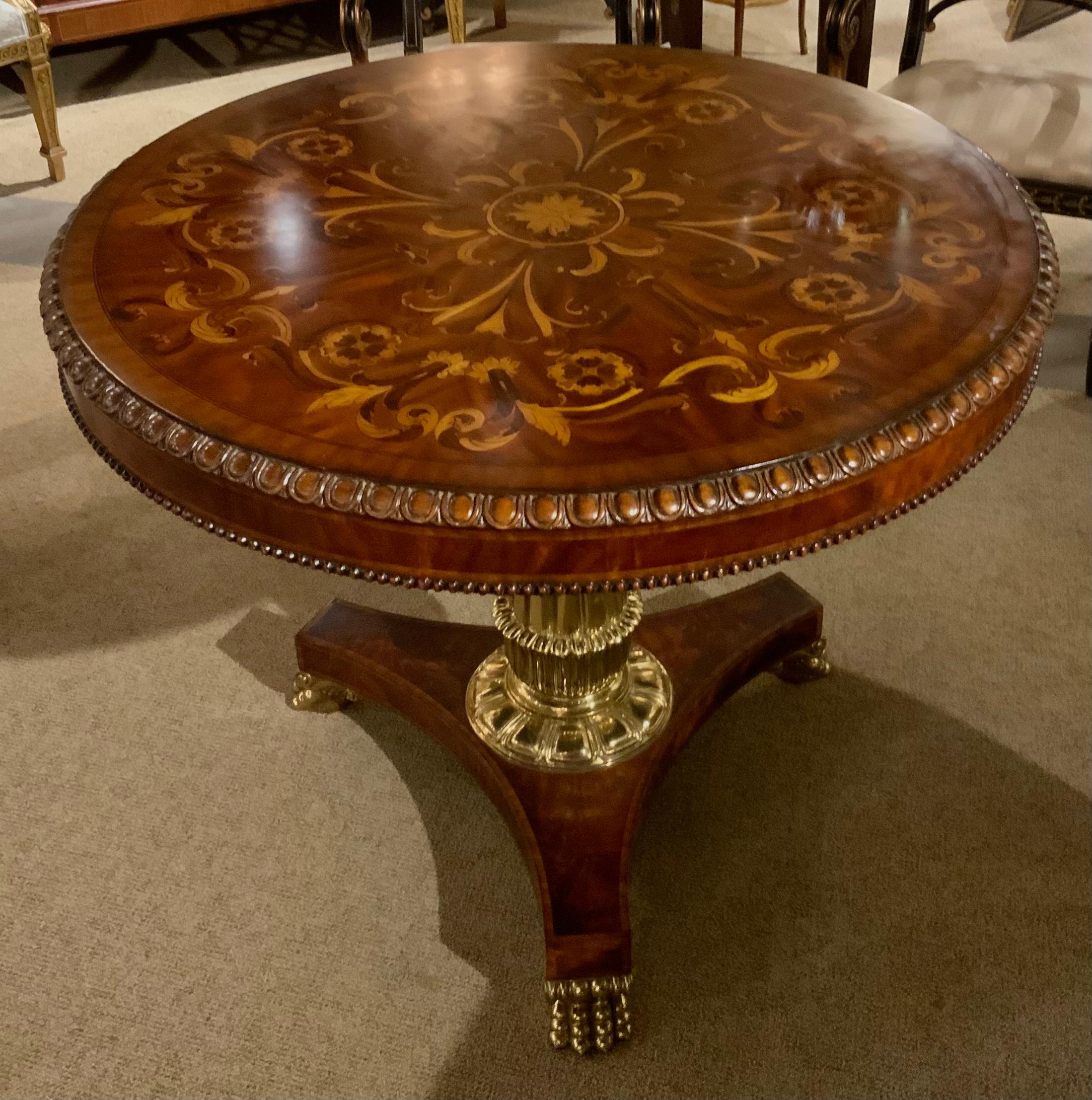 French Empire-Style Marquetry Inlaid Mahogany and Bronze Center Table For Sale 1
