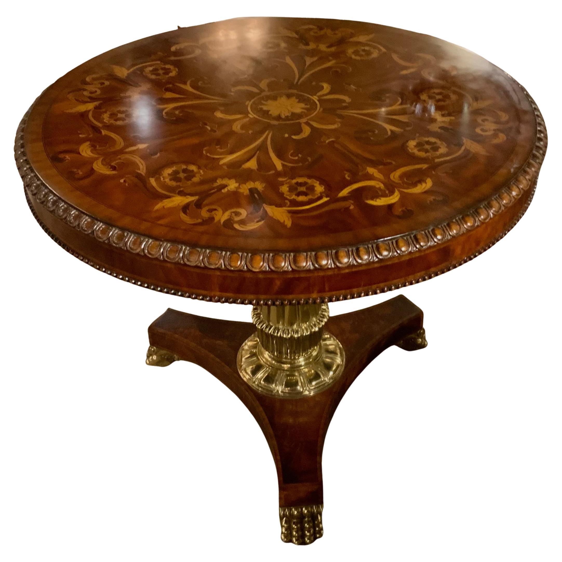 French Empire-Style Marquetry Inlaid Mahogany and Bronze Center Table For Sale