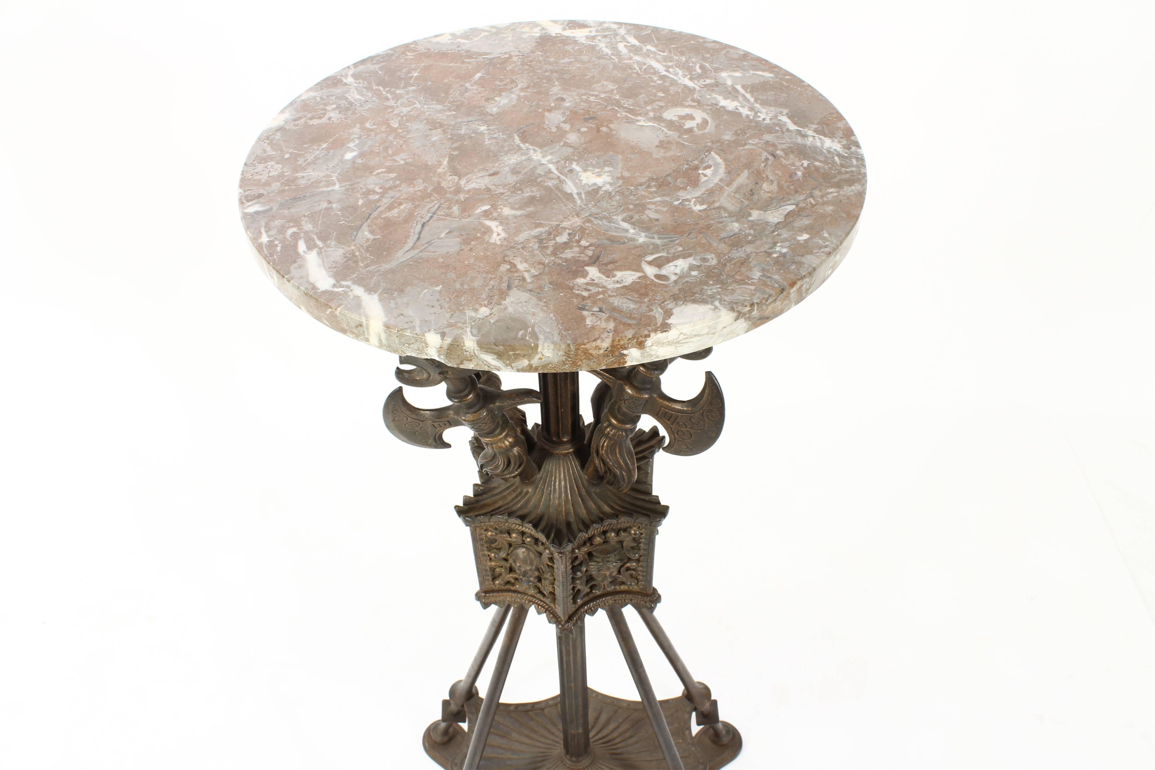 French Empire style metal and marble pedestal with fleur de lis, sword and shield motif. This piece is from the Cascone Collection of Arts and Antiques - New Jersey.