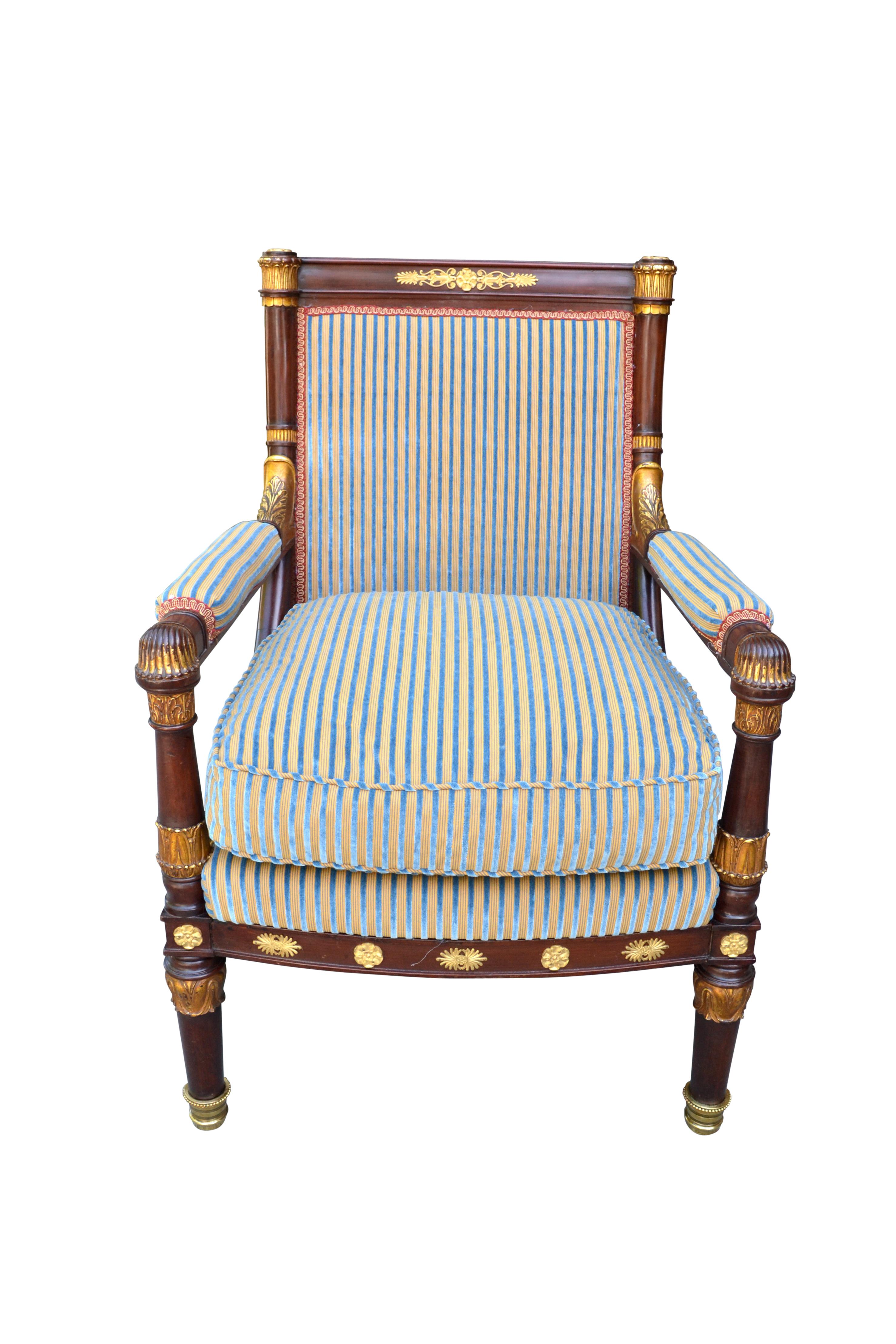 Carved French Empire Style Open Armchair