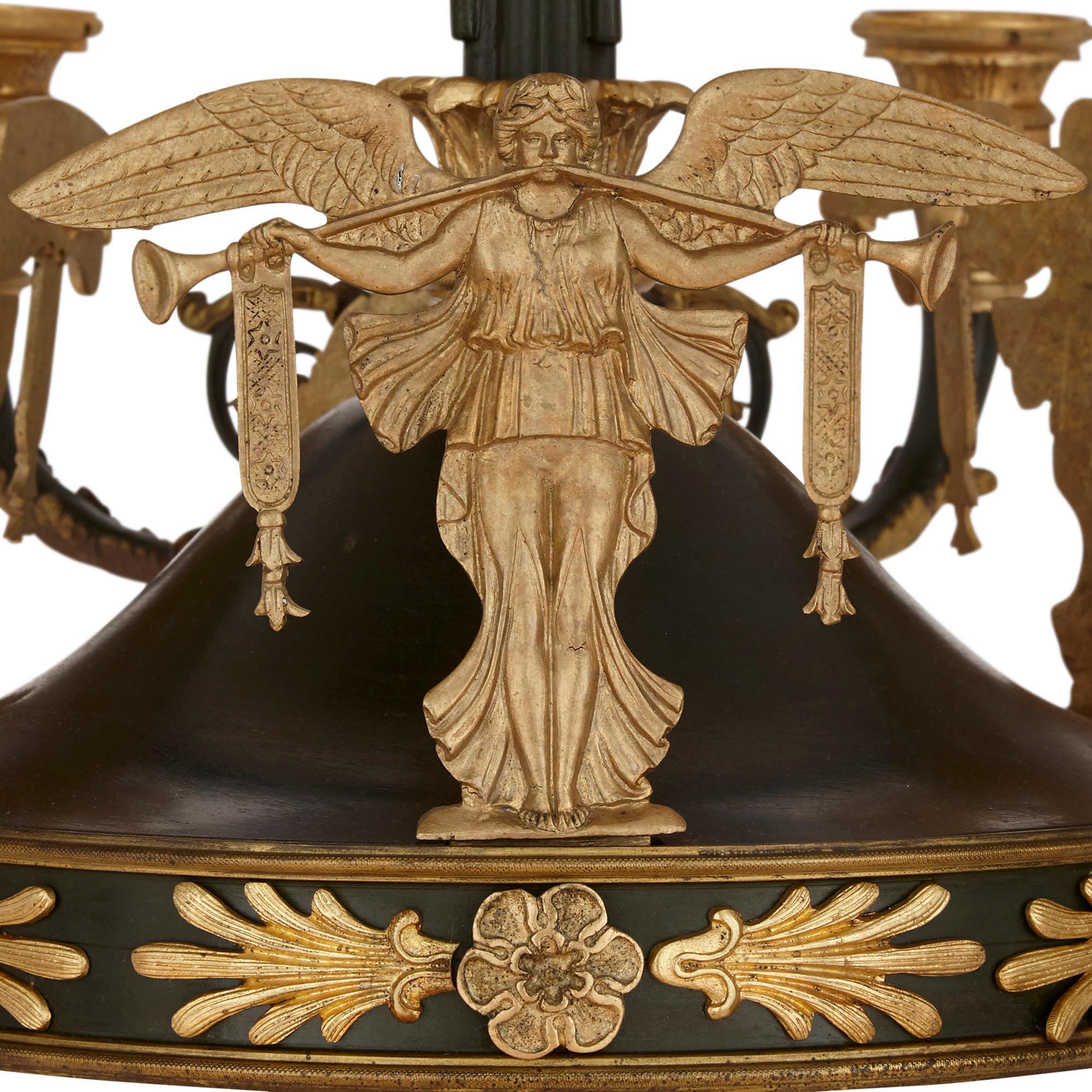 Gilt French Empire Style Ormolu and Bronze Chandelier For Sale