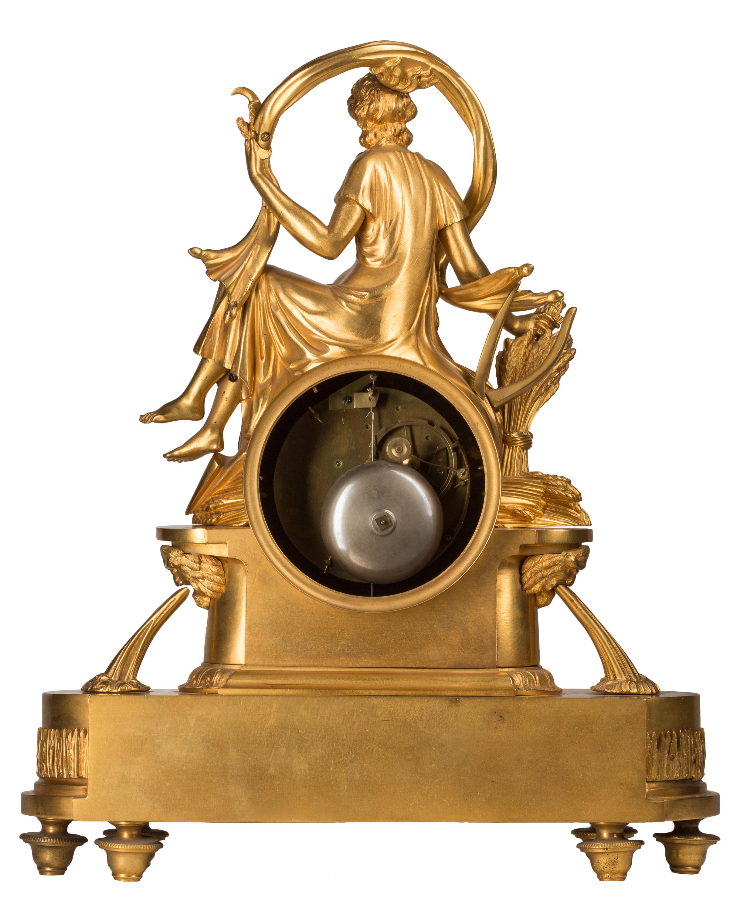 19th Century Antique French Empire Style Ormolu Bronze 'Ceres' Mantel   Clock, After Thomire For Sale