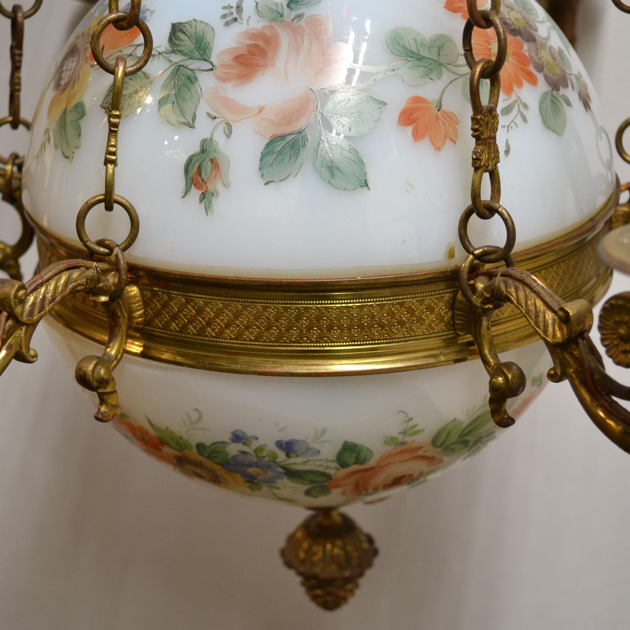 French Empire style painted opaline glass and bronze chandelier.