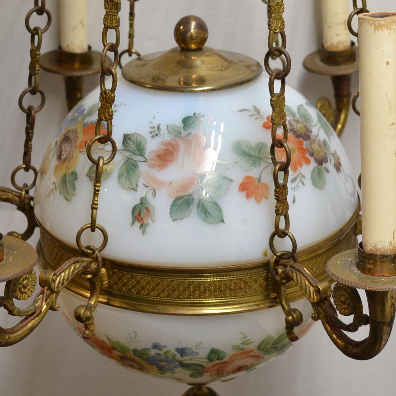 Cast French Empire Style Painted Opaline Glass and Bronze Chandelier For Sale