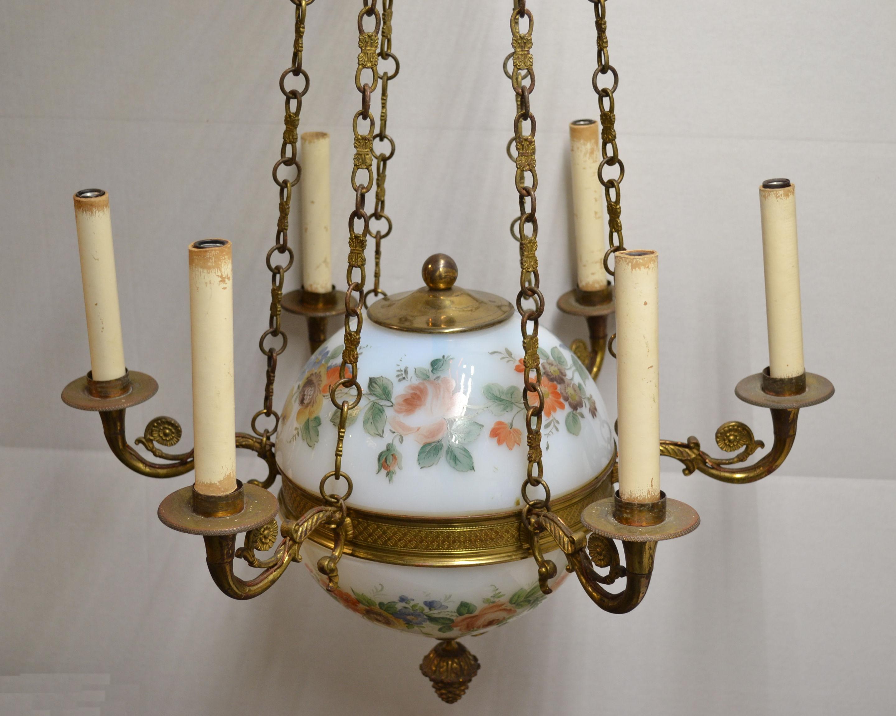 French Empire Style Painted Opaline Glass and Bronze Chandelier In Good Condition For Sale In New York, NY