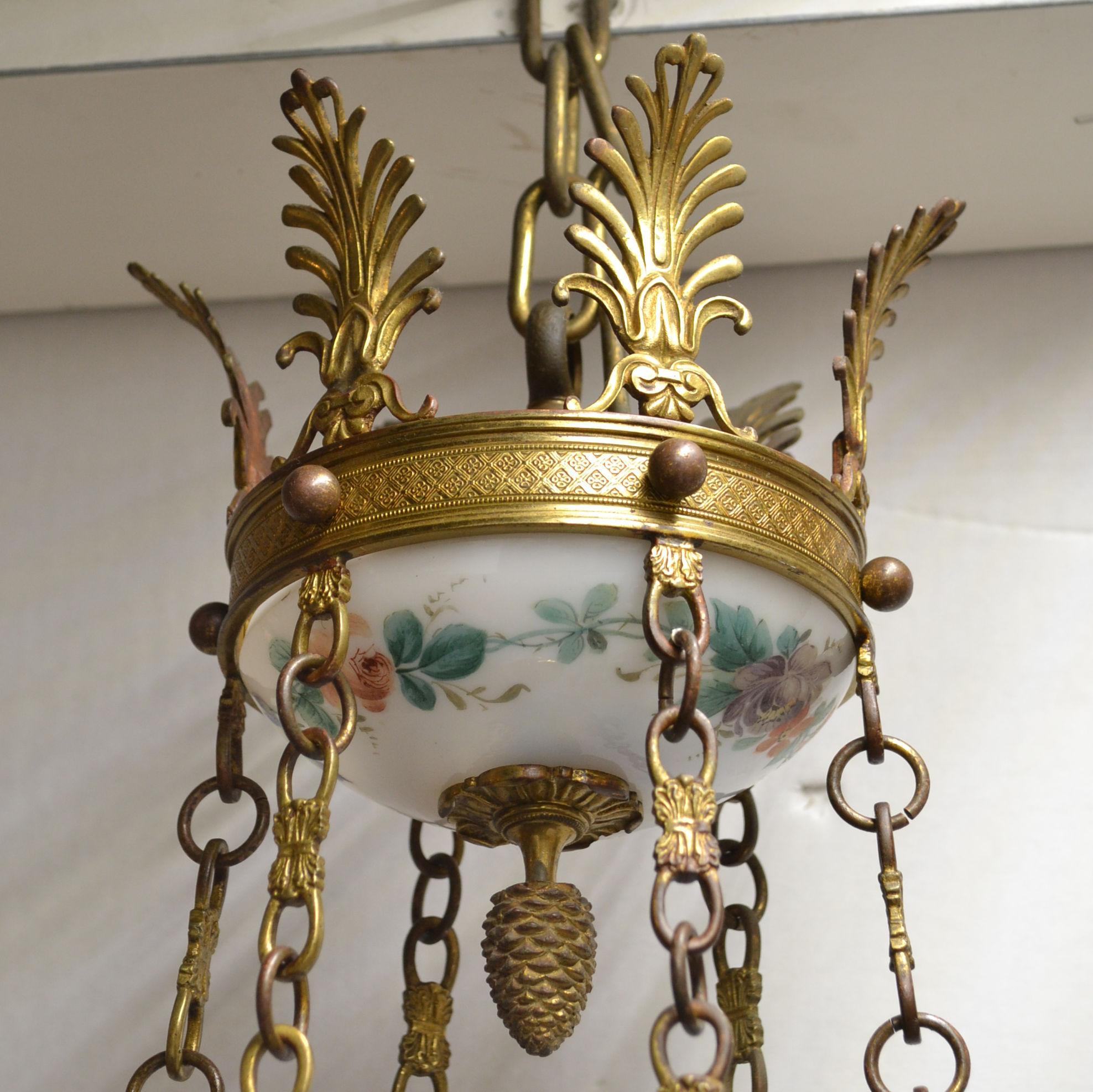 Early 20th Century French Empire Style Painted Opaline Glass and Bronze Chandelier For Sale