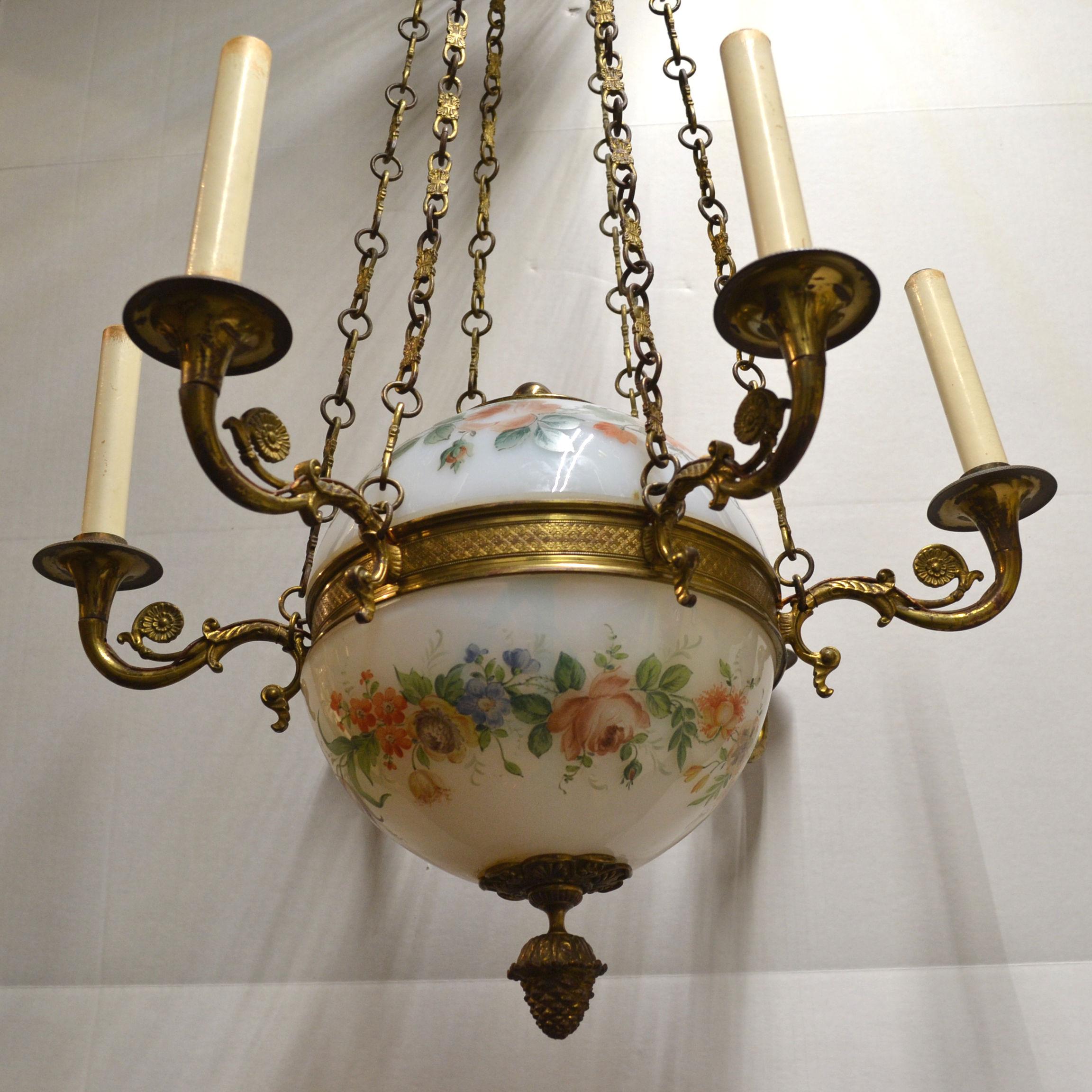 French Empire Style Painted Opaline Glass and Bronze Chandelier For Sale 1