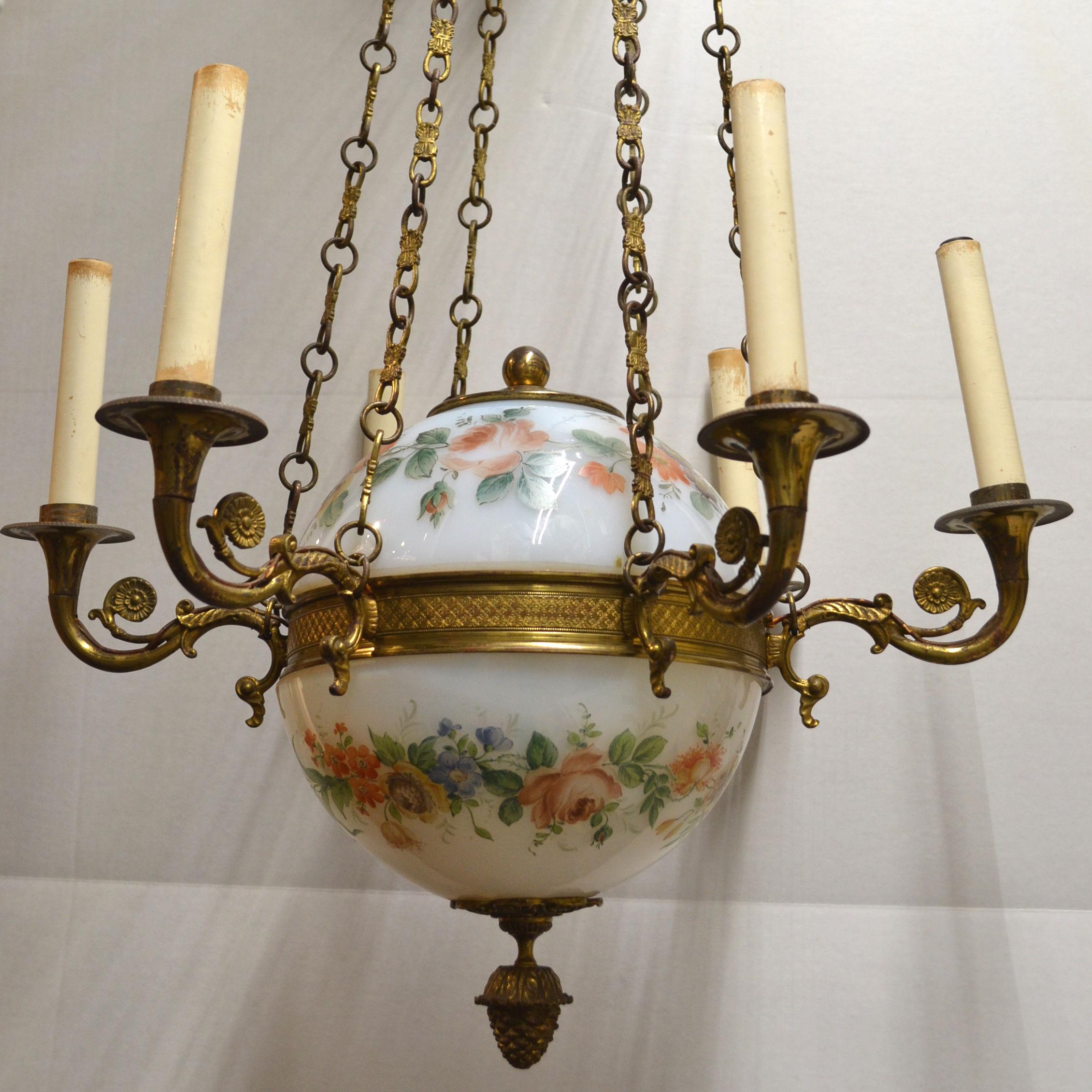 French Empire Style Painted Opaline Glass and Bronze Chandelier For Sale 3