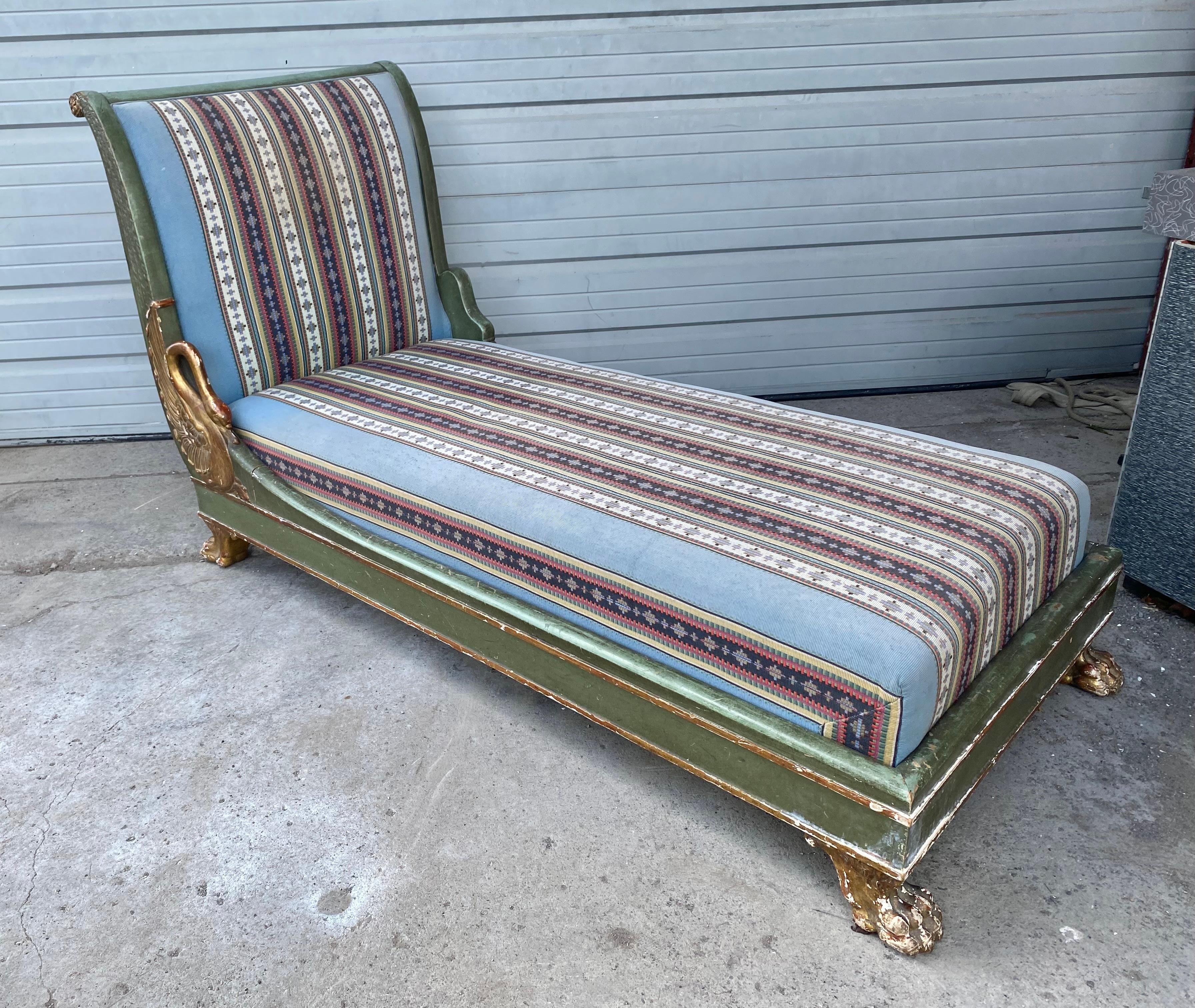 Wonderful French Empire Daybed / Chaise Lounge,,Great size and proportion. Carved and gilded swan to one side,,clawfeet and green painted frame.Upholstered in a multi-color geometric fabric,,Nice original condition .minimal wear throughout,