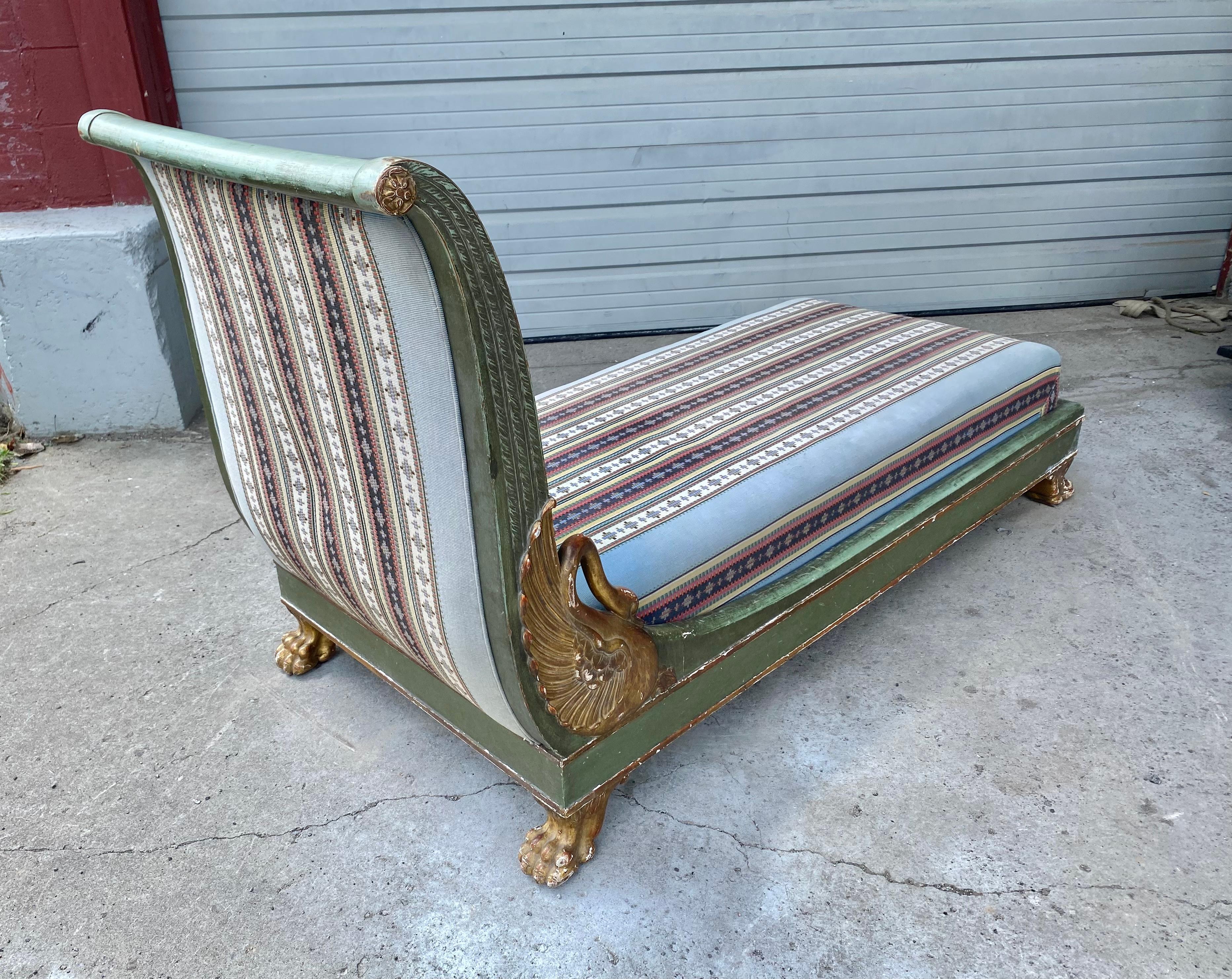 Fabric French Empire Style Painted Wooden Daybed / Chaise with carved swan side For Sale