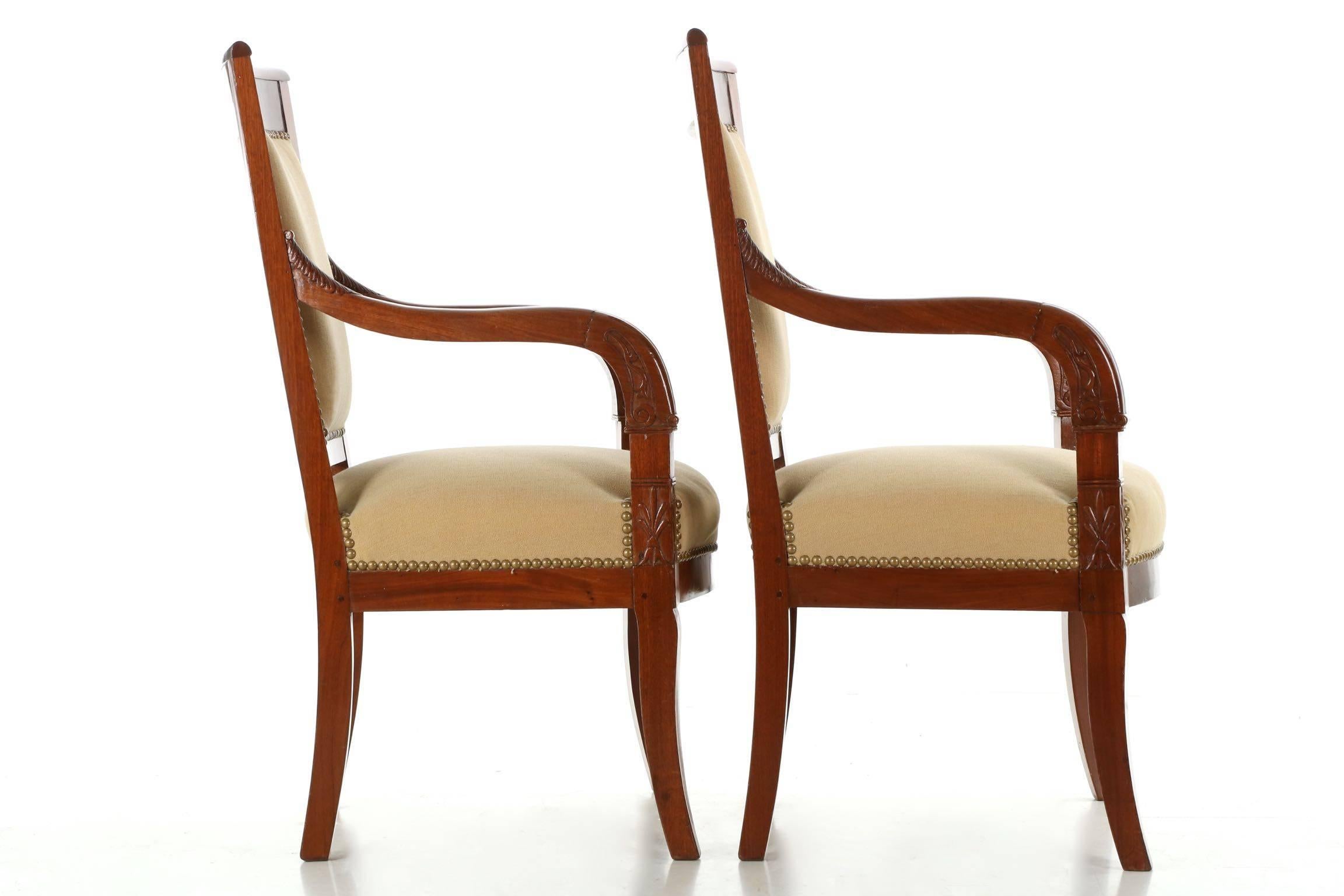 European French Empire Style Pair of Antique Mahogany Armchairs, 20th Century