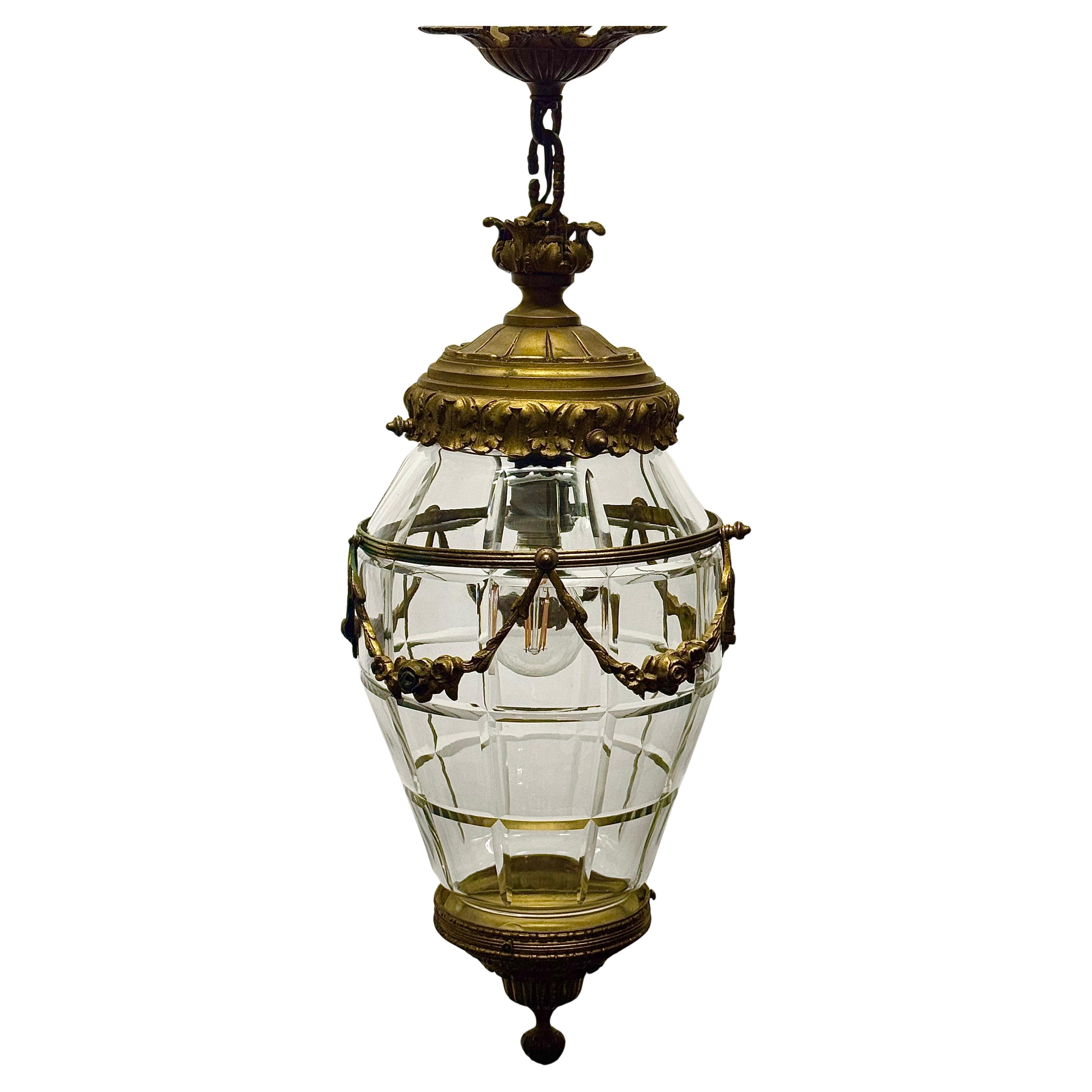 French Empire Style Pendant Bronze and Cut-Crystal Lantern, circa 1900s