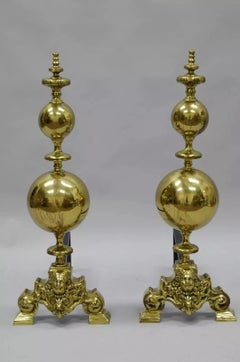 French Empire Style Putty Cherub Large Brass Cannonball Andirons - a Pair