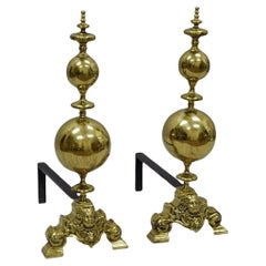 Antique French Empire Style Putty Cherub Large Brass Cannonball Andirons - a Pair