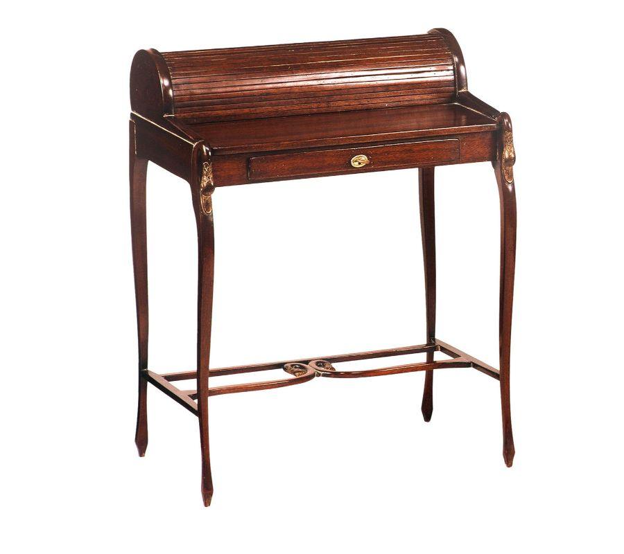 This precious writing desk with graceful cabriole legs is a cabinetmaking gem handcrafted by master carpenters to reproduce an original piece in the French Empire style (1804-1815). Access to the compartments covered by the roll is allowed by