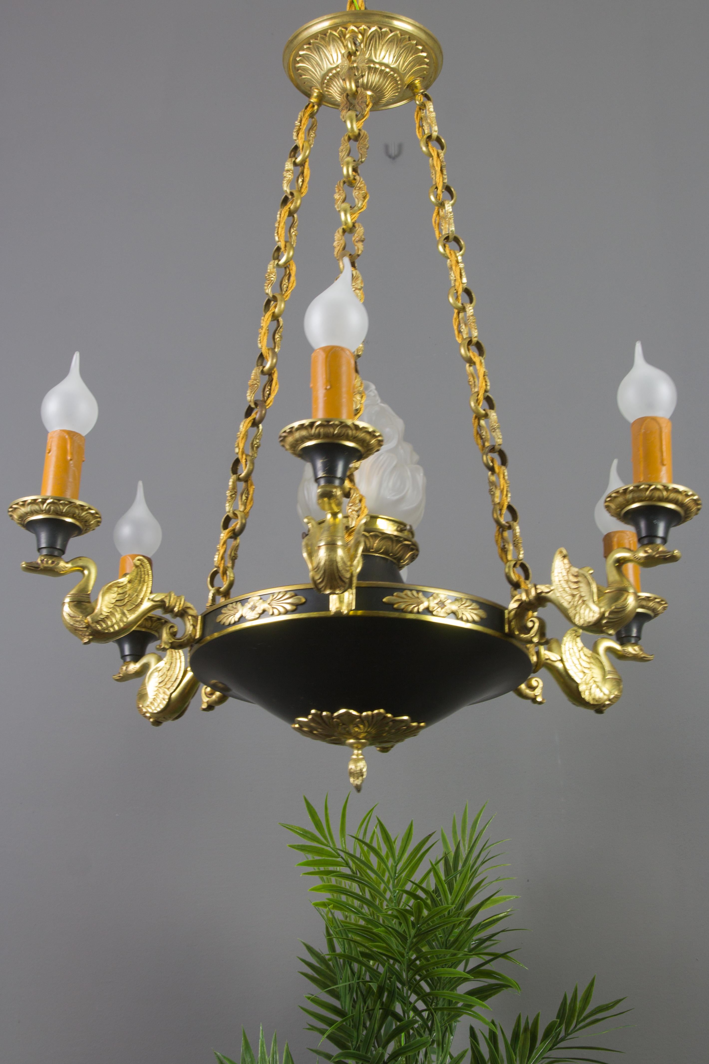 French Empire Style Seven-Light Bronze, Brass and Glass Chandelier, 1920s For Sale 2