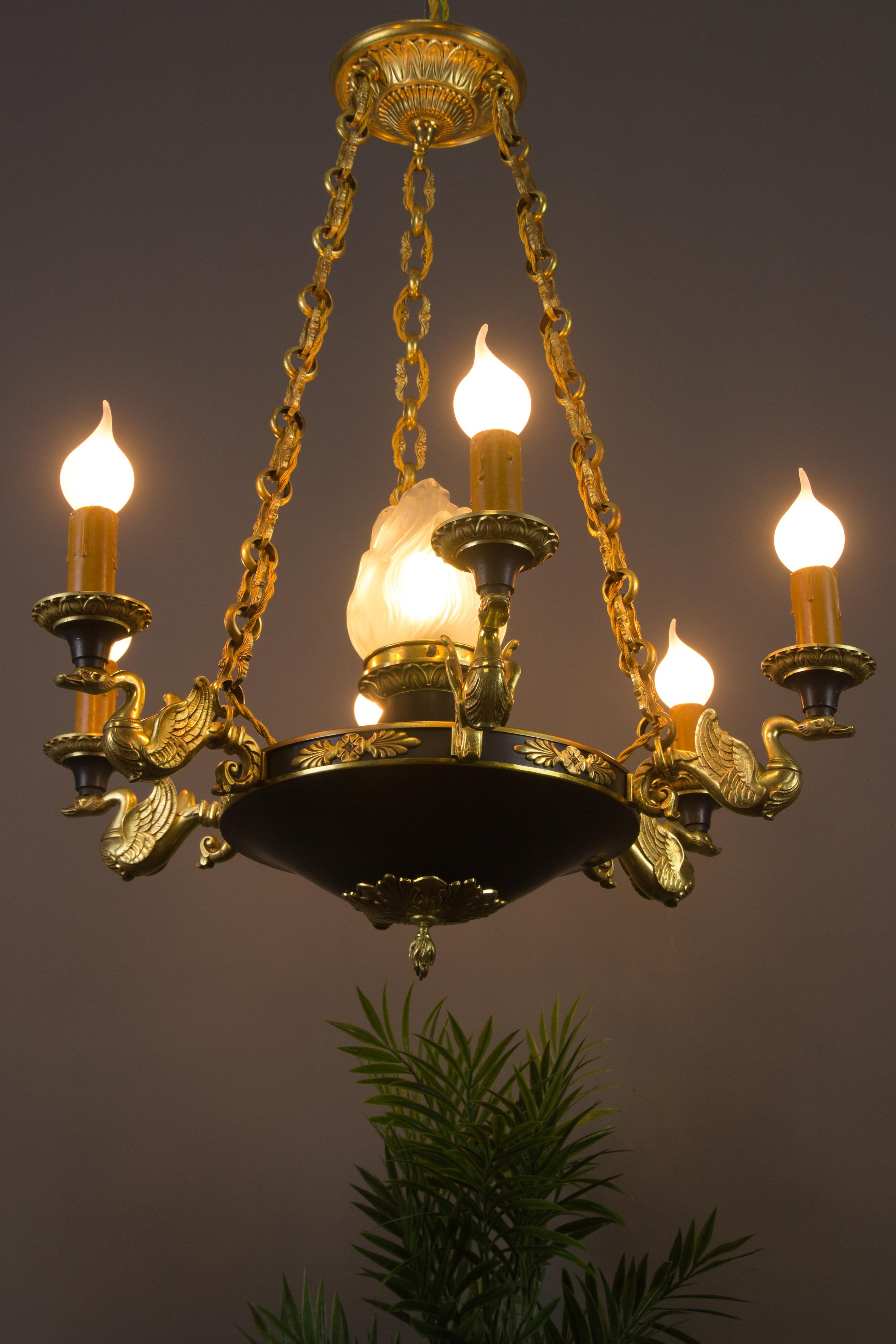 French Empire Style Seven-Light Bronze, Brass and Glass Chandelier, 1920s For Sale 3